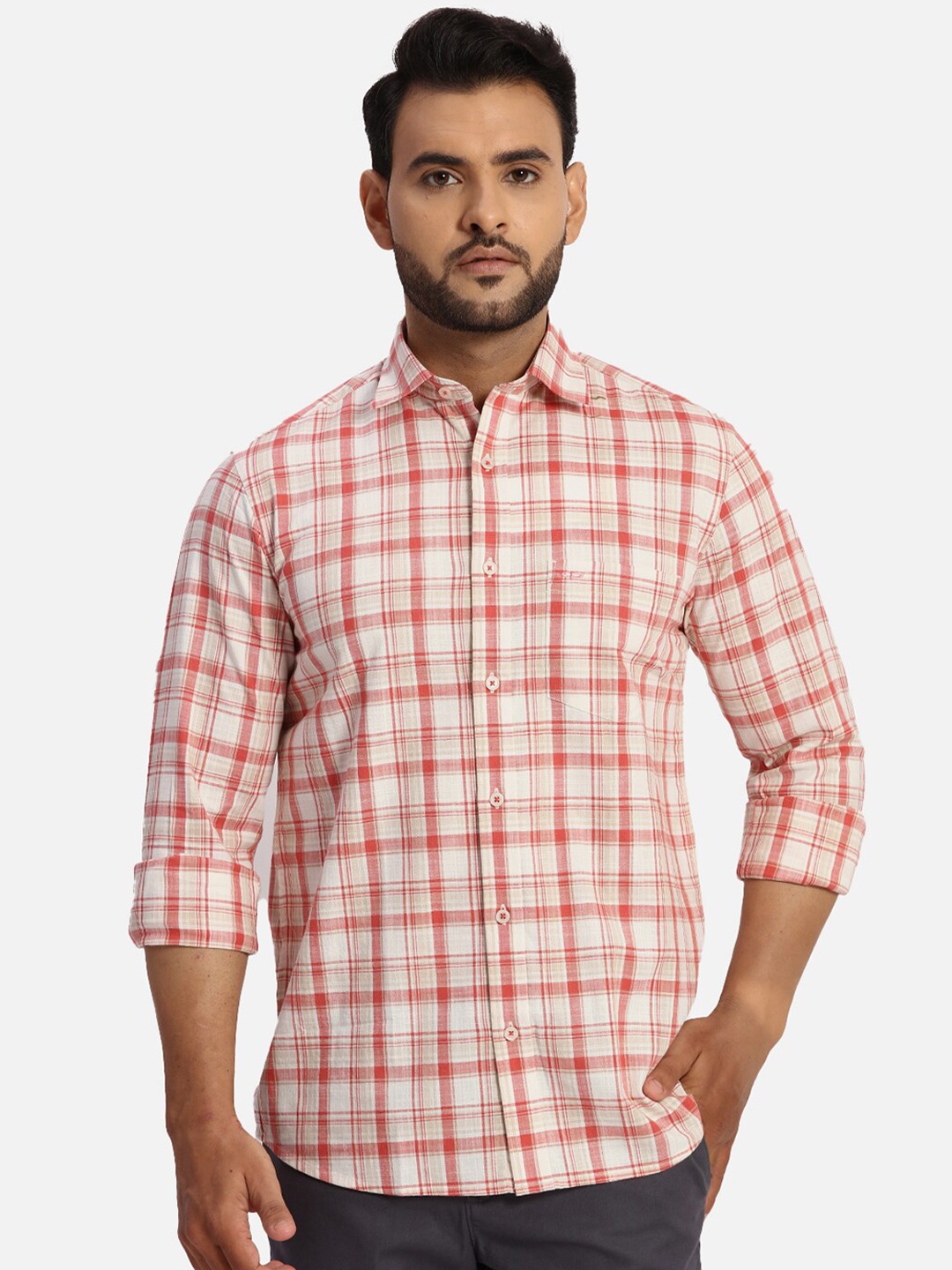 

ColorPlus Tartan Checked Spread Collar Long Sleeves Cotton Regular Fit Casual Shirt, Red