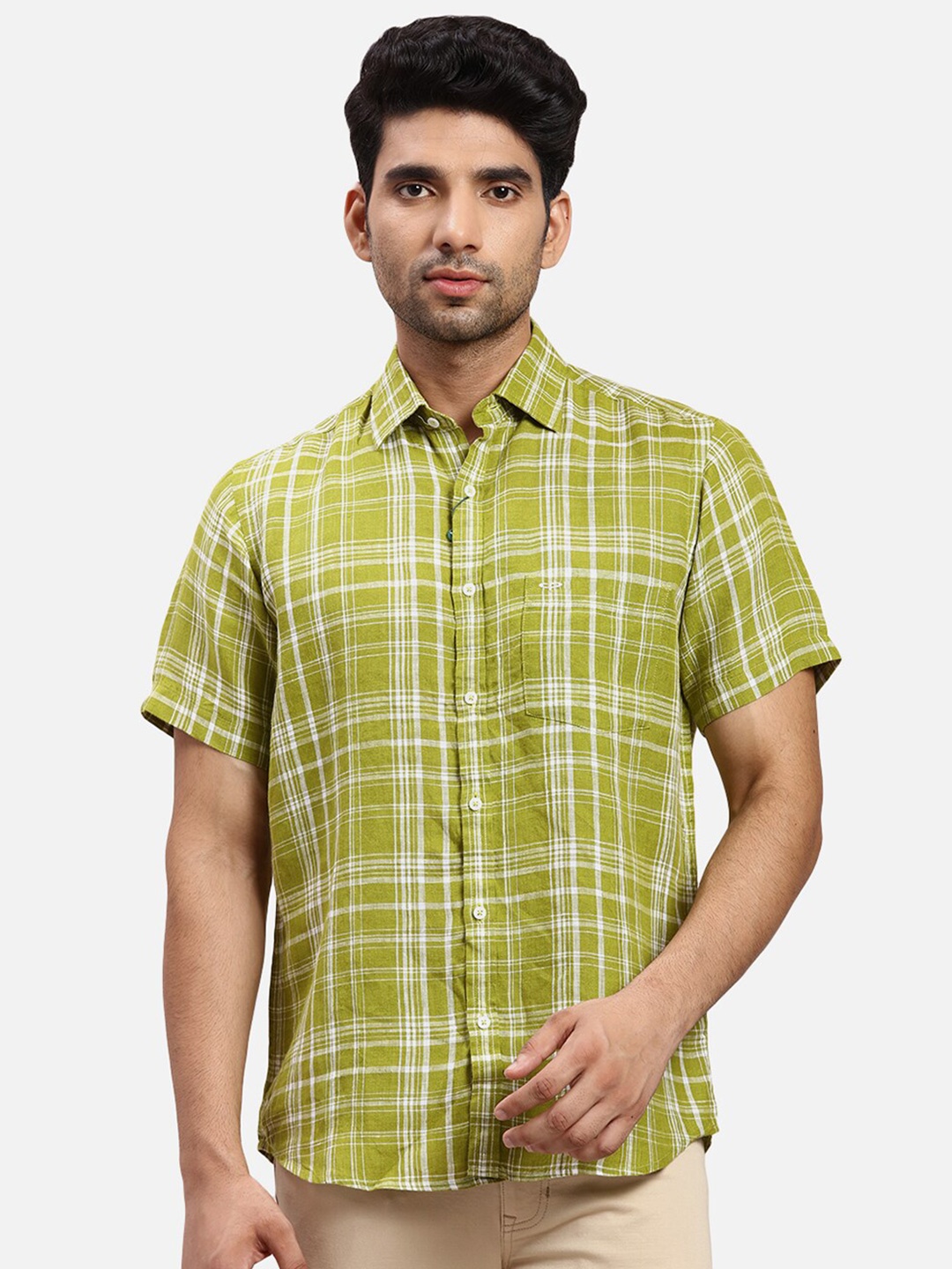 

ColorPlus Checked Spread Collar Short Sleeves Curved Casual Shirt, Green