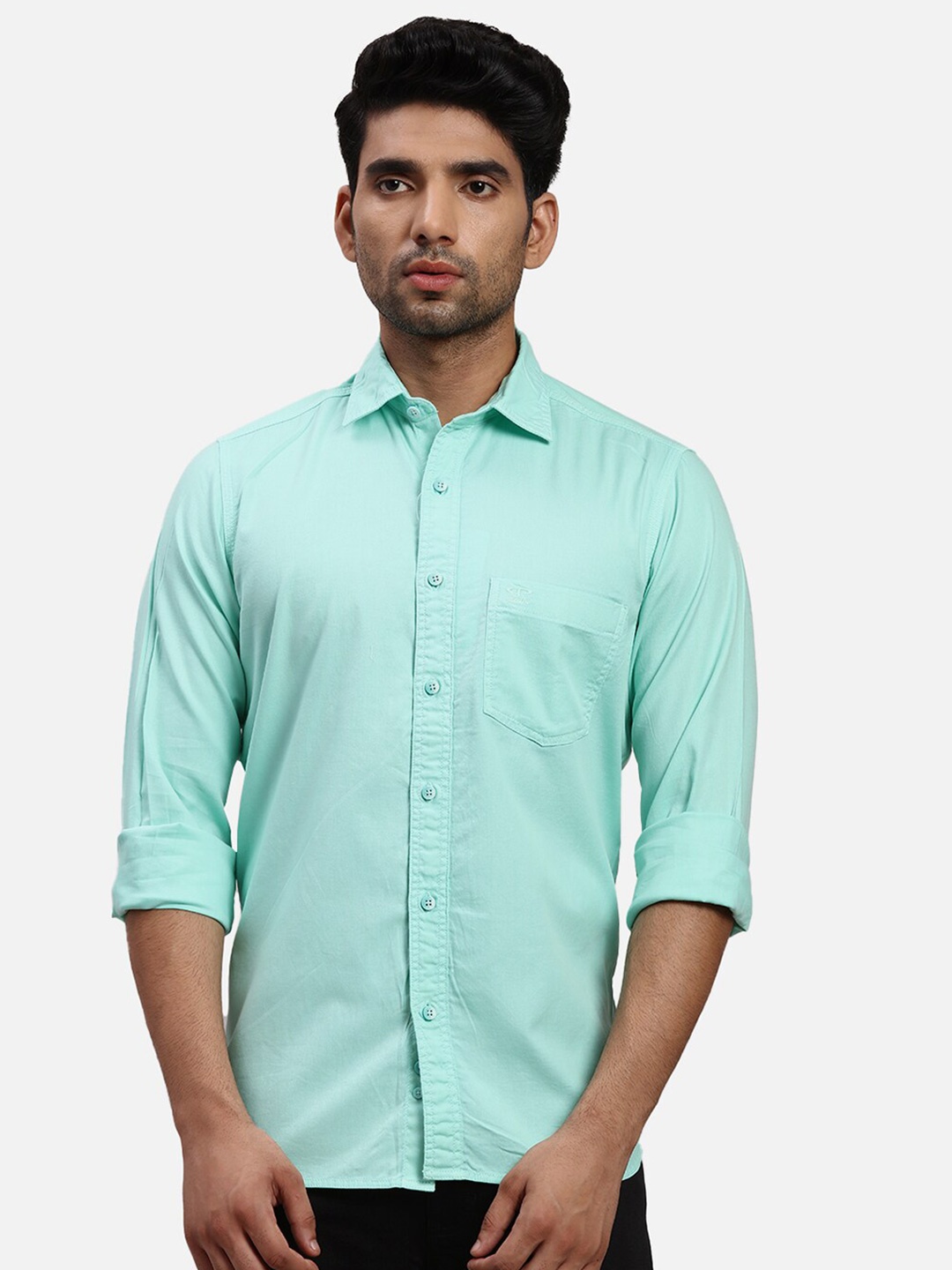 

ColorPlus Cotton Spread Collar Curved Casual Shirt, Green