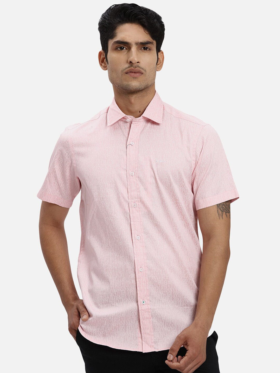 

ColorPlus Abstract Printed Spread Collar Short Sleeves Cotton Casual Shirt, Pink
