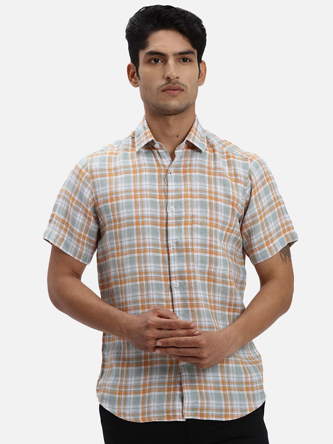 

ColorPlus Checked Spread Collar Short Sleeves Cotton Casual Shirt, Orange