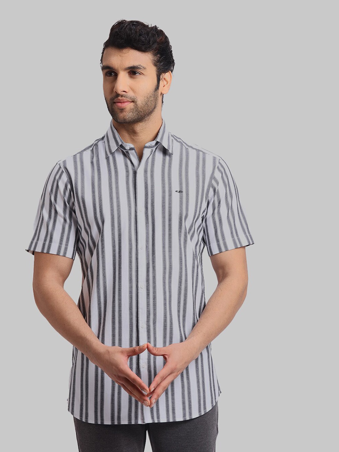 

ColorPlus Striped Spread Collar Short Sleeves Cotton Casual Shirt, White