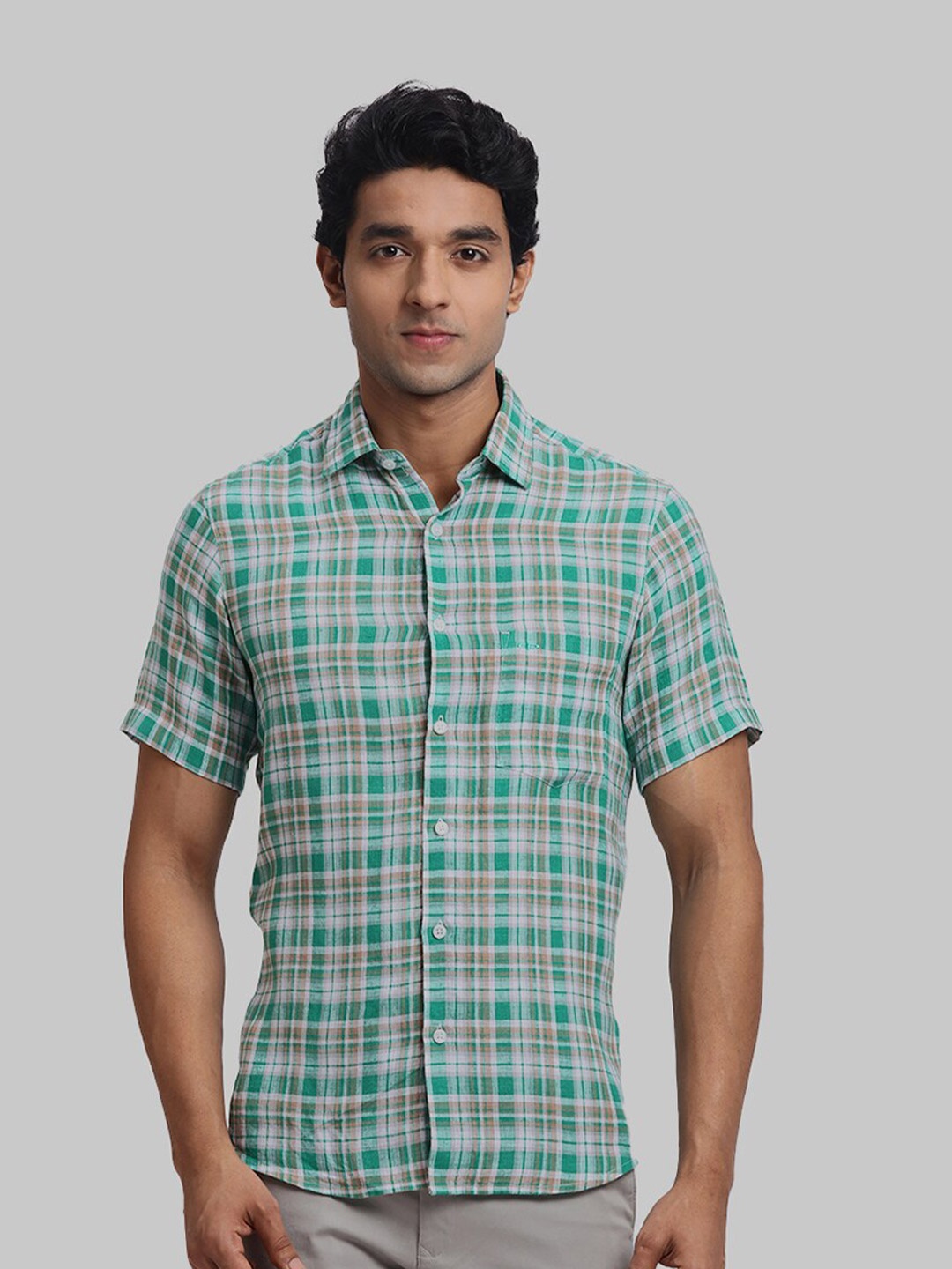

ColorPlus Tartan Checks Spread Collar Short Sleeves Linen Casual Shirt, Green