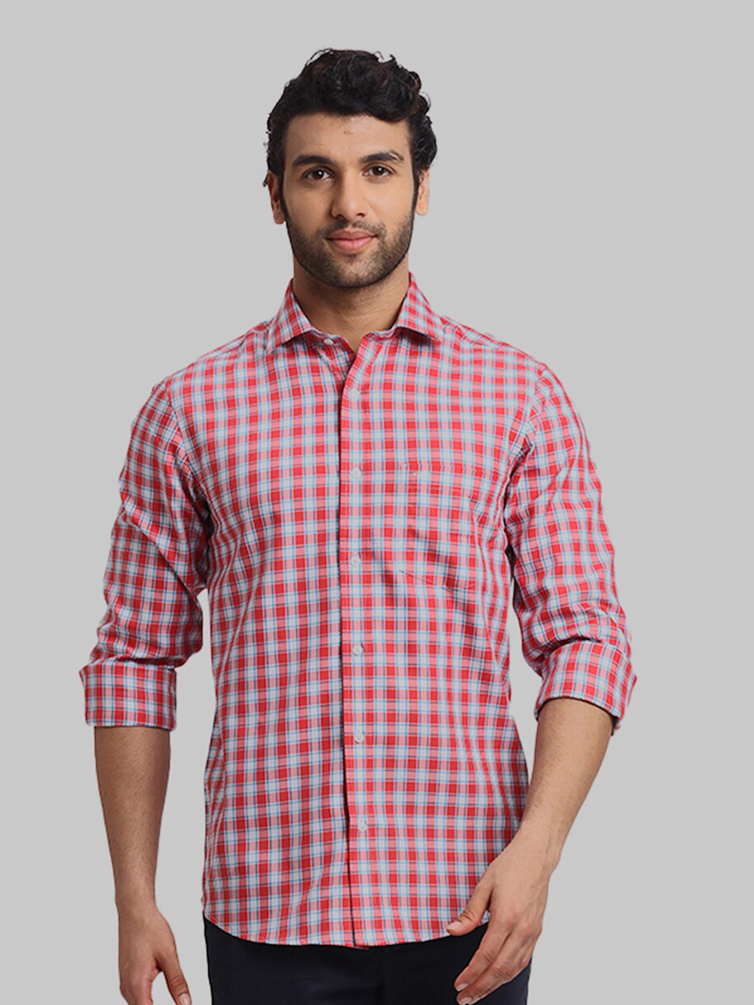 

ColorPlus Checked Spread Collar Long Sleeves Cotton Casual Shirt, Red