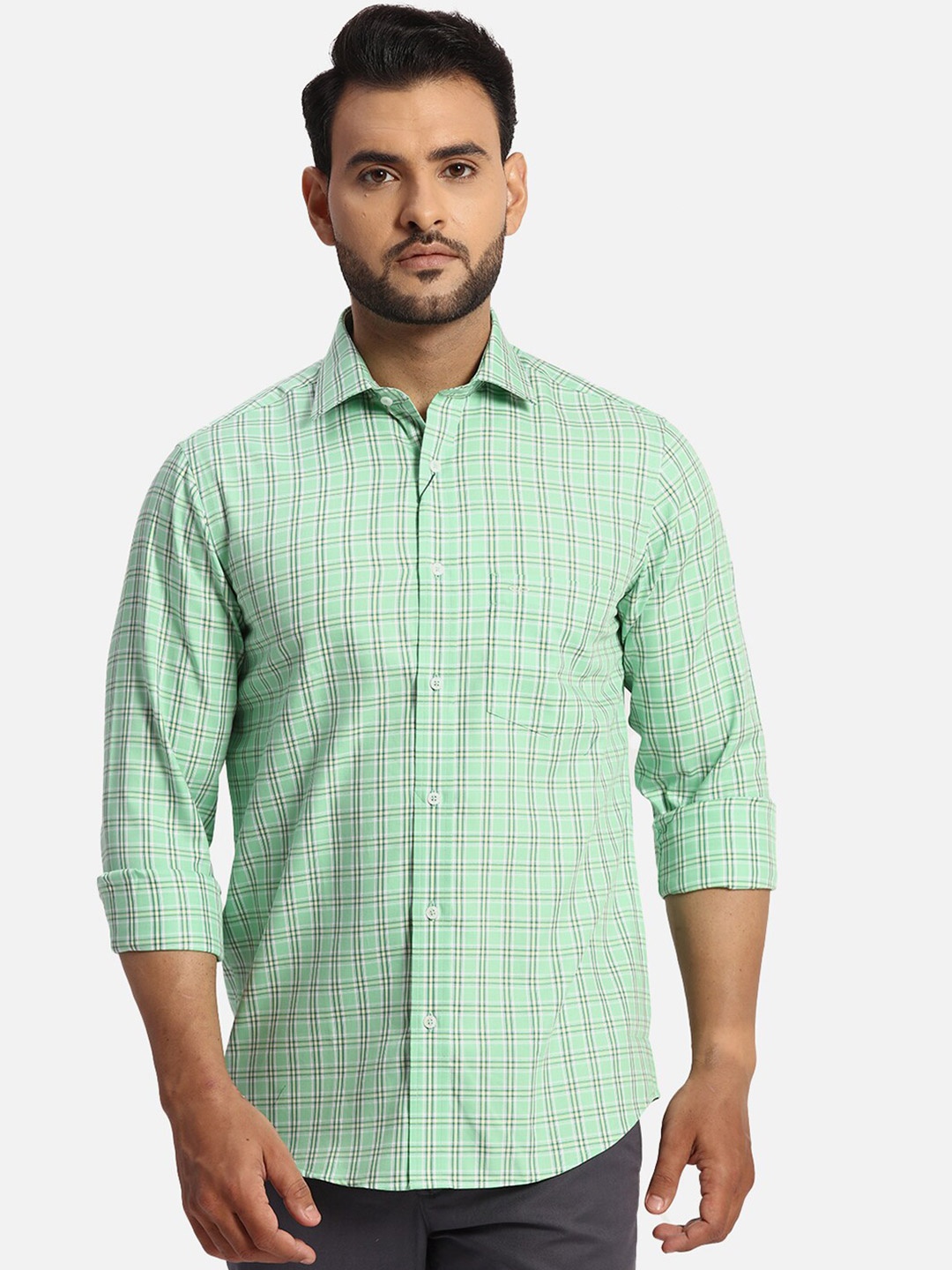

ColorPlus Checked Spread Collar Cotton Casual Shirt, Green