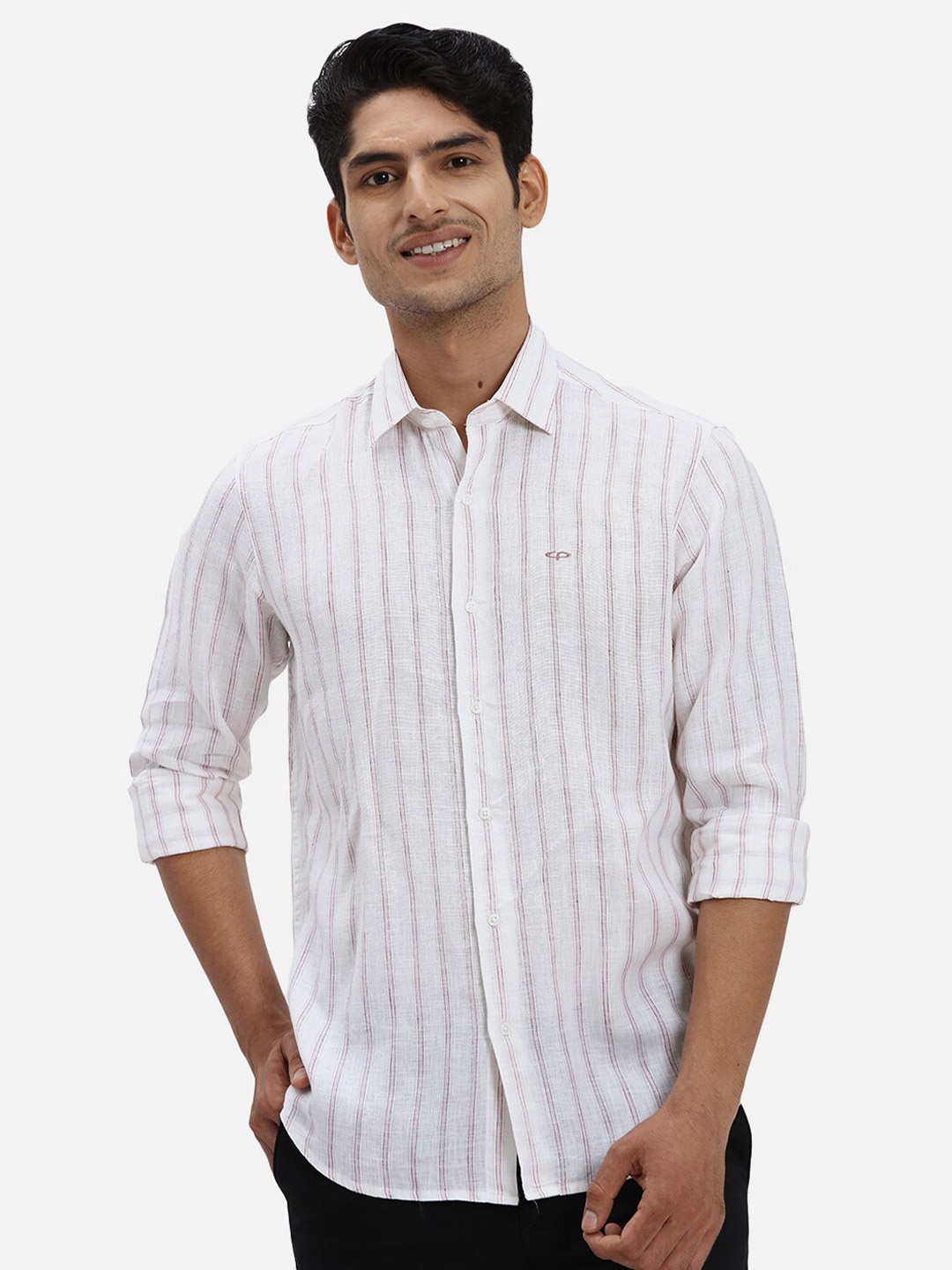 ColorPlus Striped Spread Collar Curved Casual Shirt, White