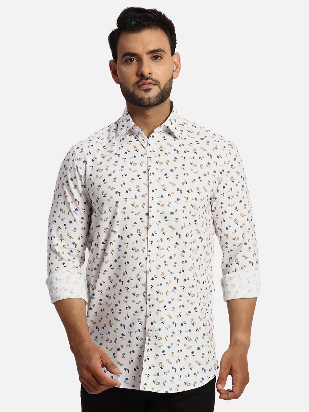 

ColorPlus Printed Spread Collar long Sleeves Cotton Casual Shirt, Blue