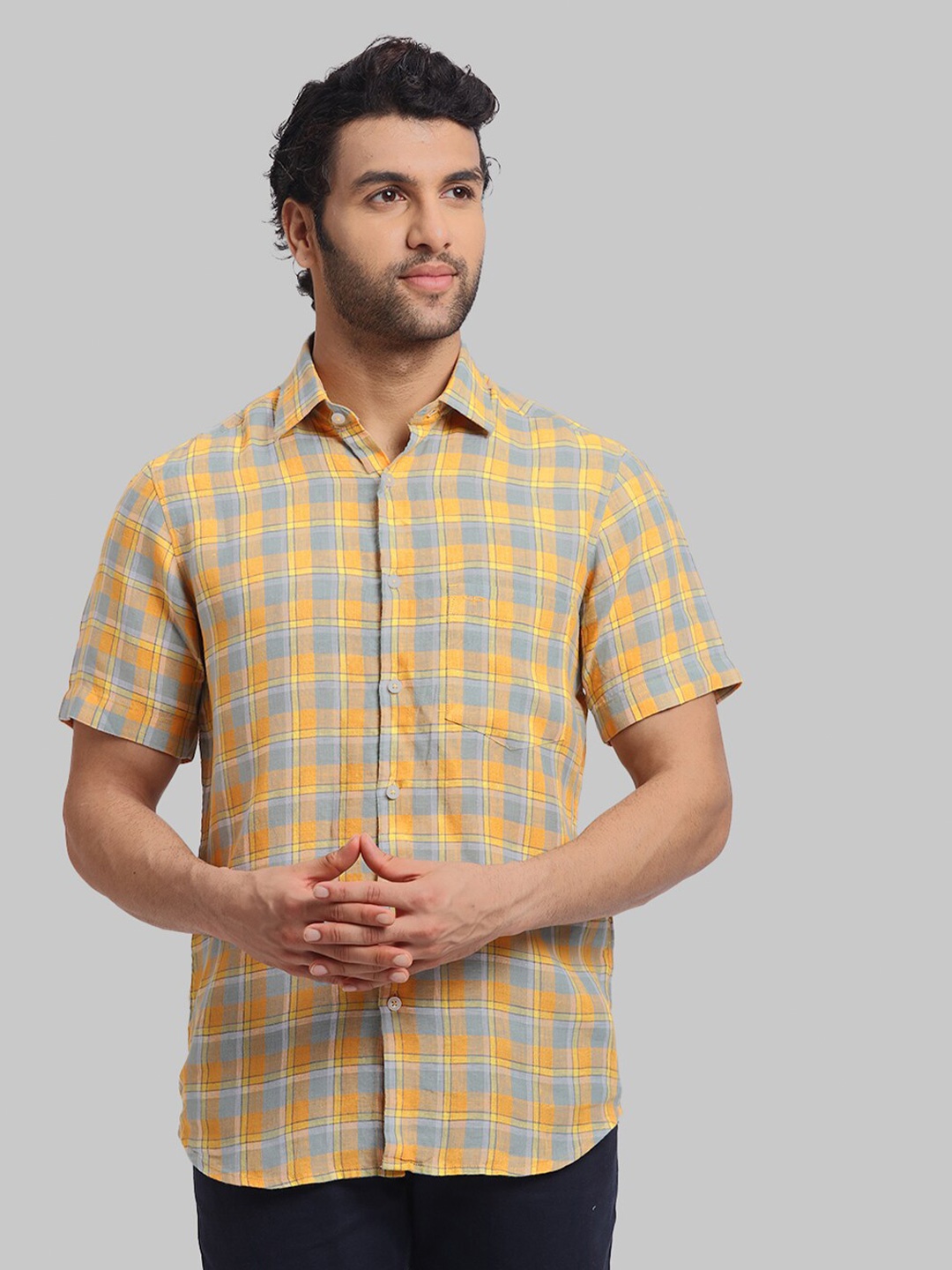 

ColorPlus Checked Spread Collar Long Sleeves Linen Regular Fit Casual Shirt, Orange
