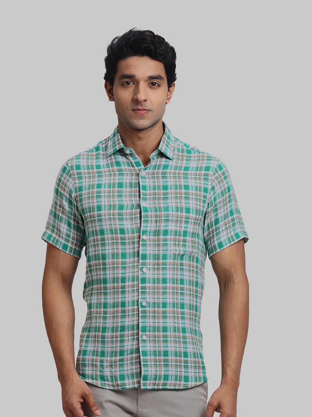 

ColorPlus Checked Spread Collar Short Sleeves Cotton Casual Shirt, Green
