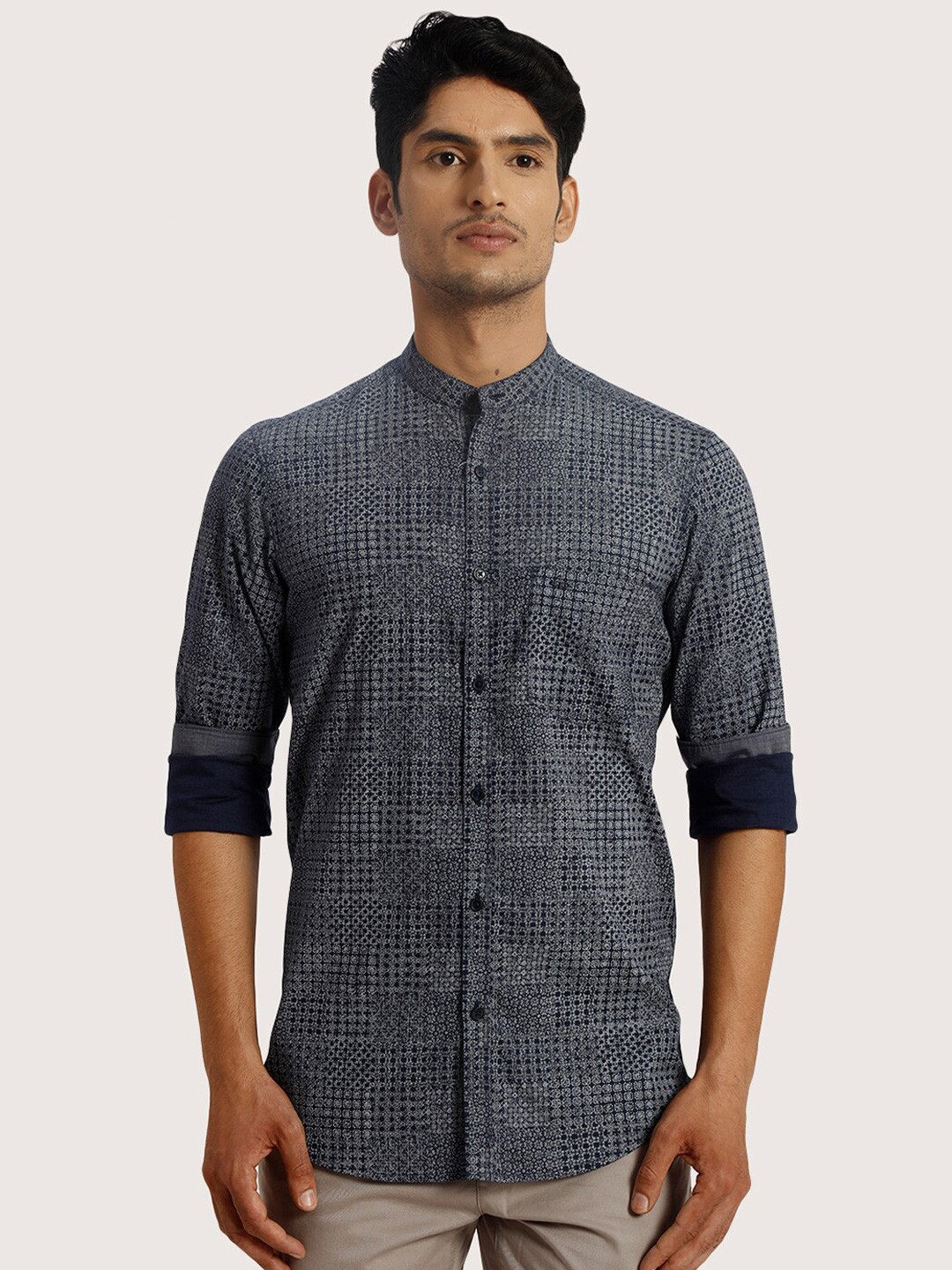 

ColorPlus Abstract Printed Mandarin Collar Opaque Cotton Casual Shirt, Blue