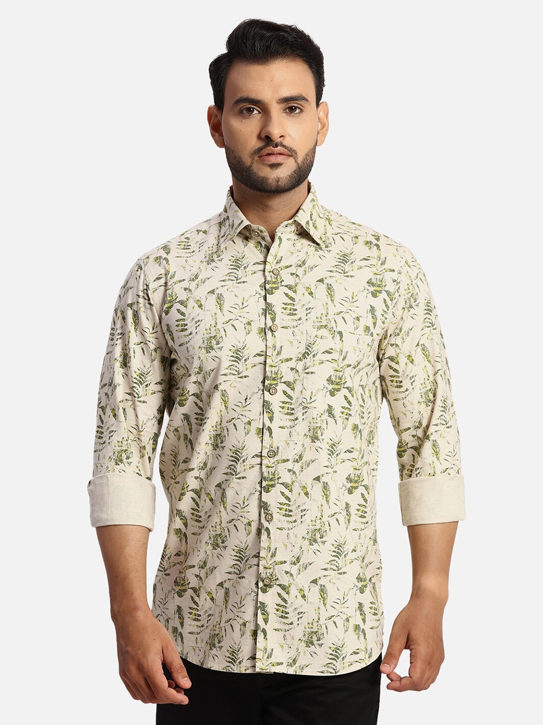 

ColorPlus Floral Printed Cotton Spread Collar Curved Casual Shirt, Green