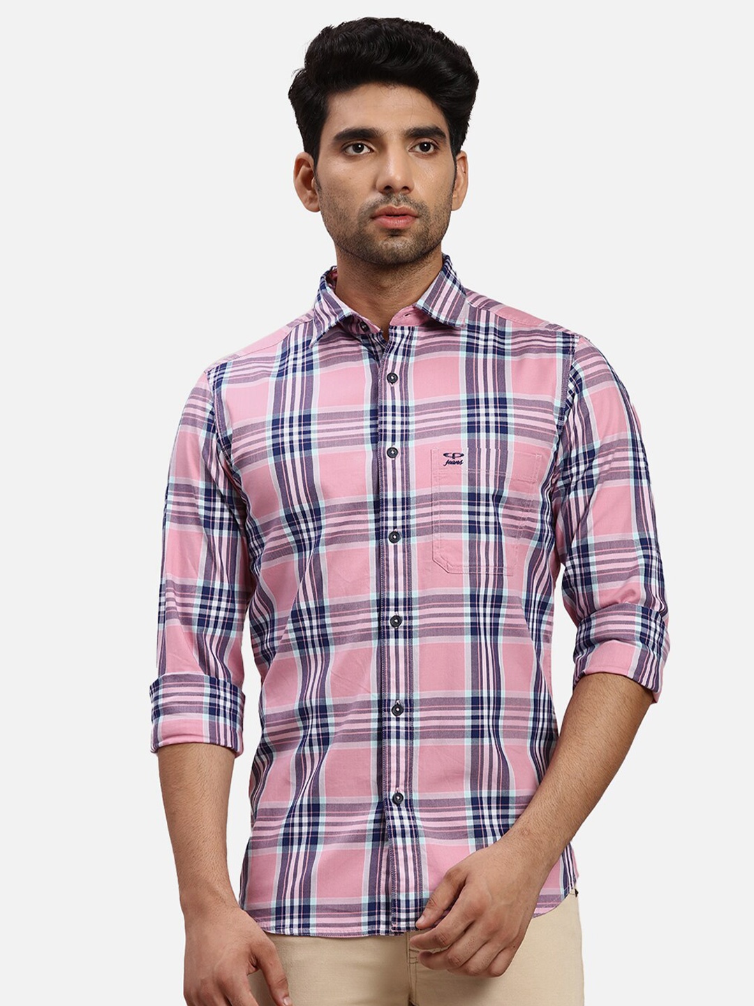 ColorPlus Tartan Checked Spread Collar Long Sleeves Cotton Regular Fit Casual Shirt, Red