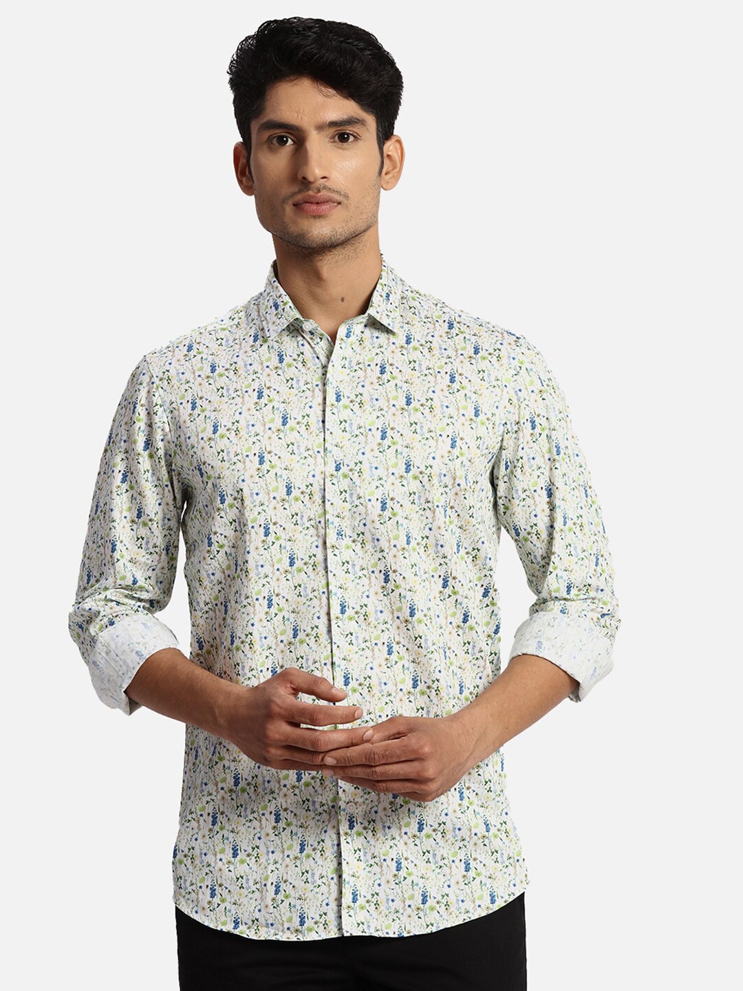 

ColorPlus Spread Collar Long Sleeves Regular Fit Floral Opaque Printed Casual Shirt, Green