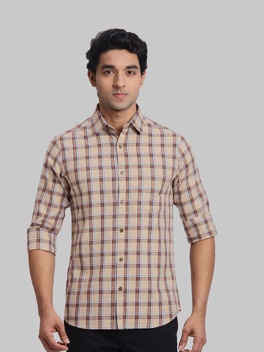 ColorPlus Tartan Checks Opaque Cotton Casual Shirt, Beige