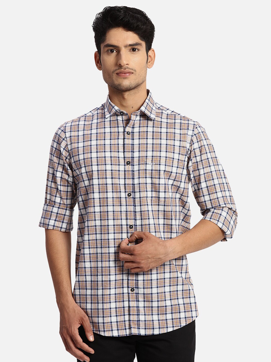 ColorPlus Checked Cotton Spread Collar Curved Casual Shirt, White