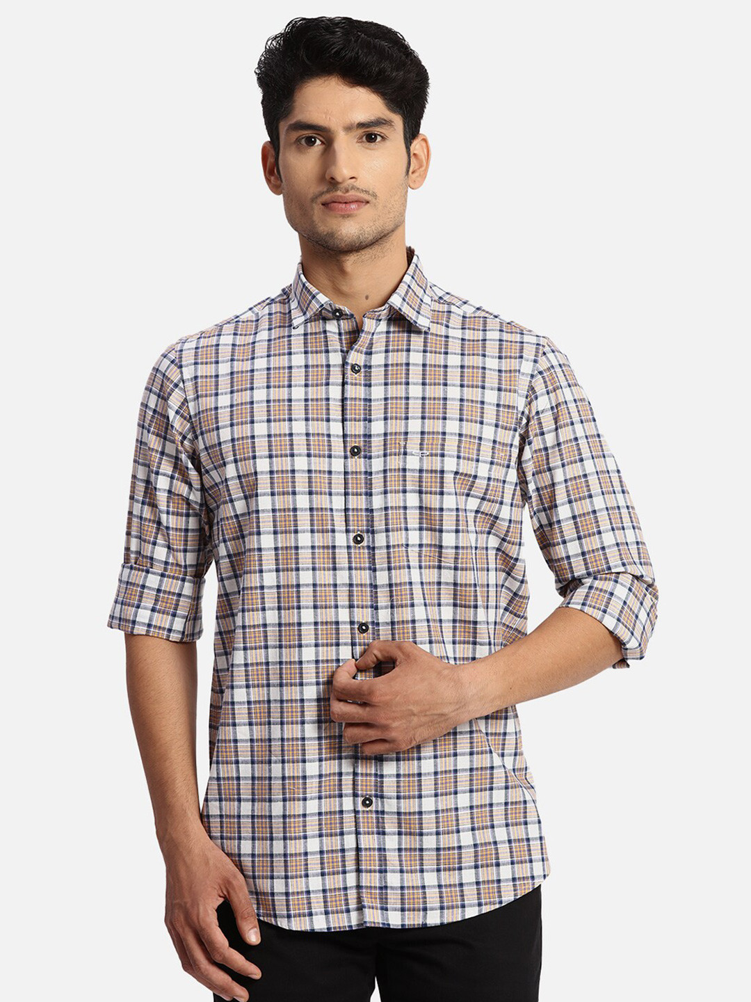 

ColorPlus Tartan Checks Cotton Spread Collar Opaque Checked Casual Shirt, White