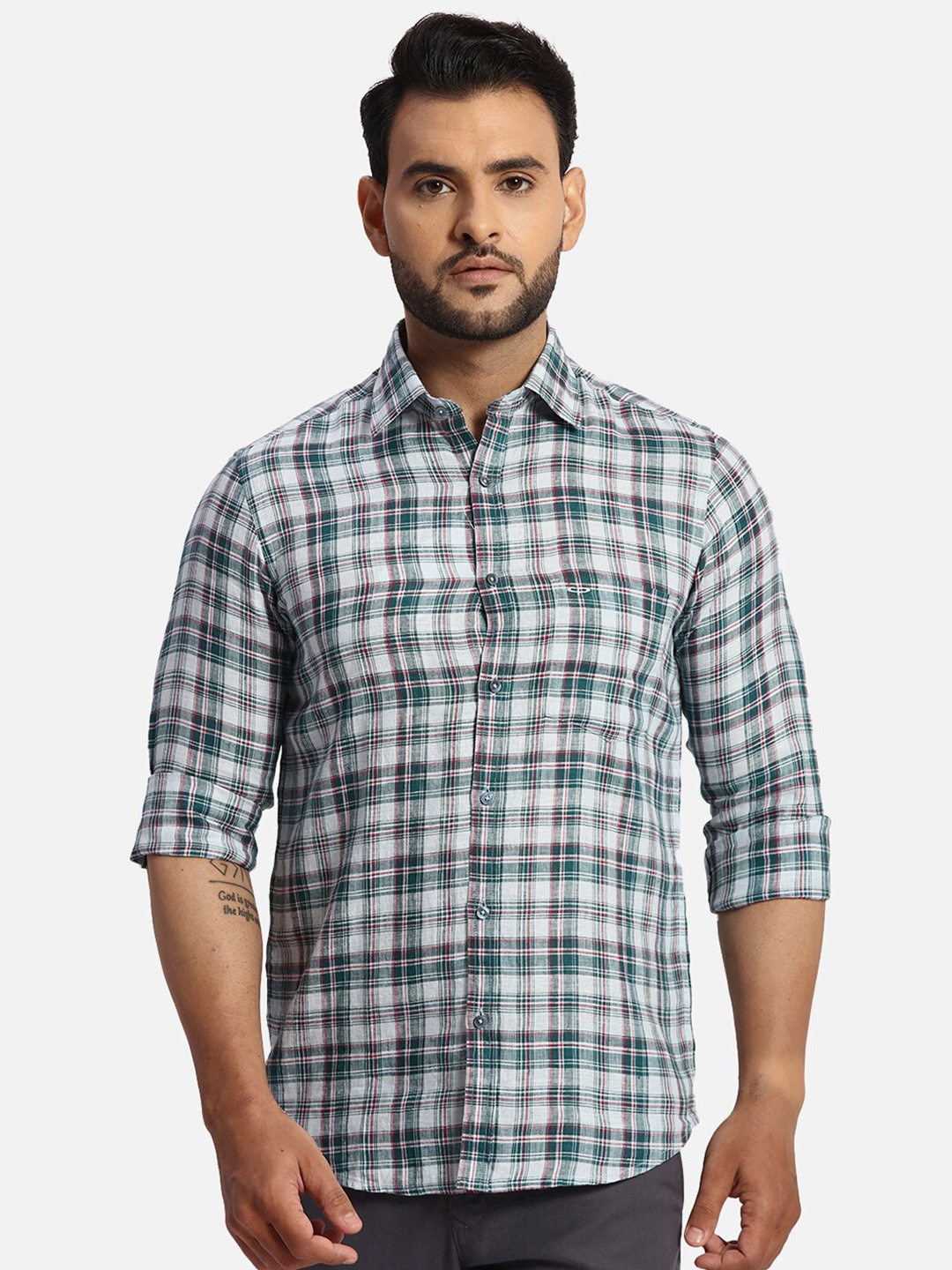 

ColorPlus Tartan Checked Spread Collar Long Sleeves Linen Regular Fit Casual Shirt, Blue