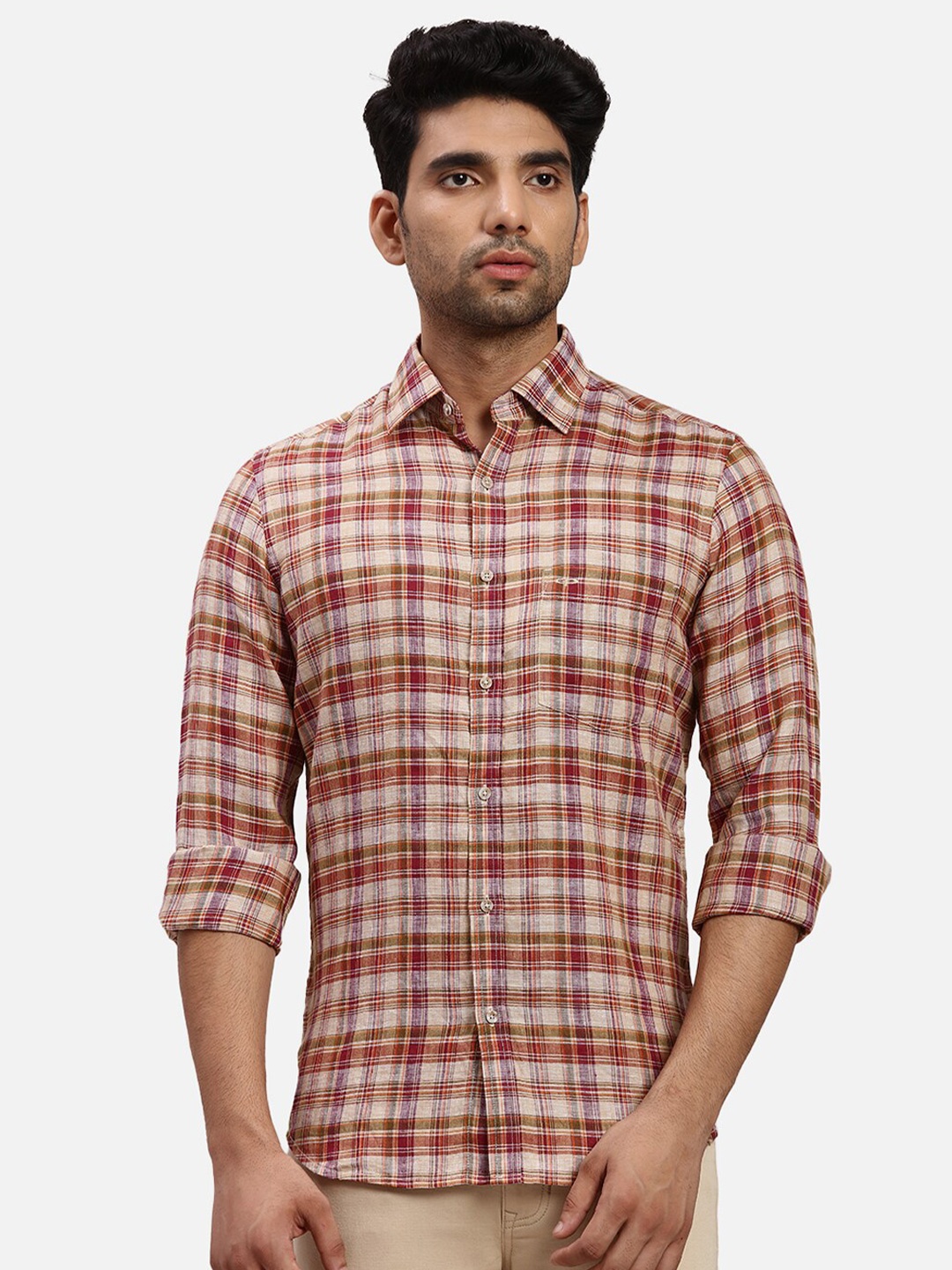 

ColorPlus Tartan Checks Spread Collar Opaque Checked Casual Shirt, Red