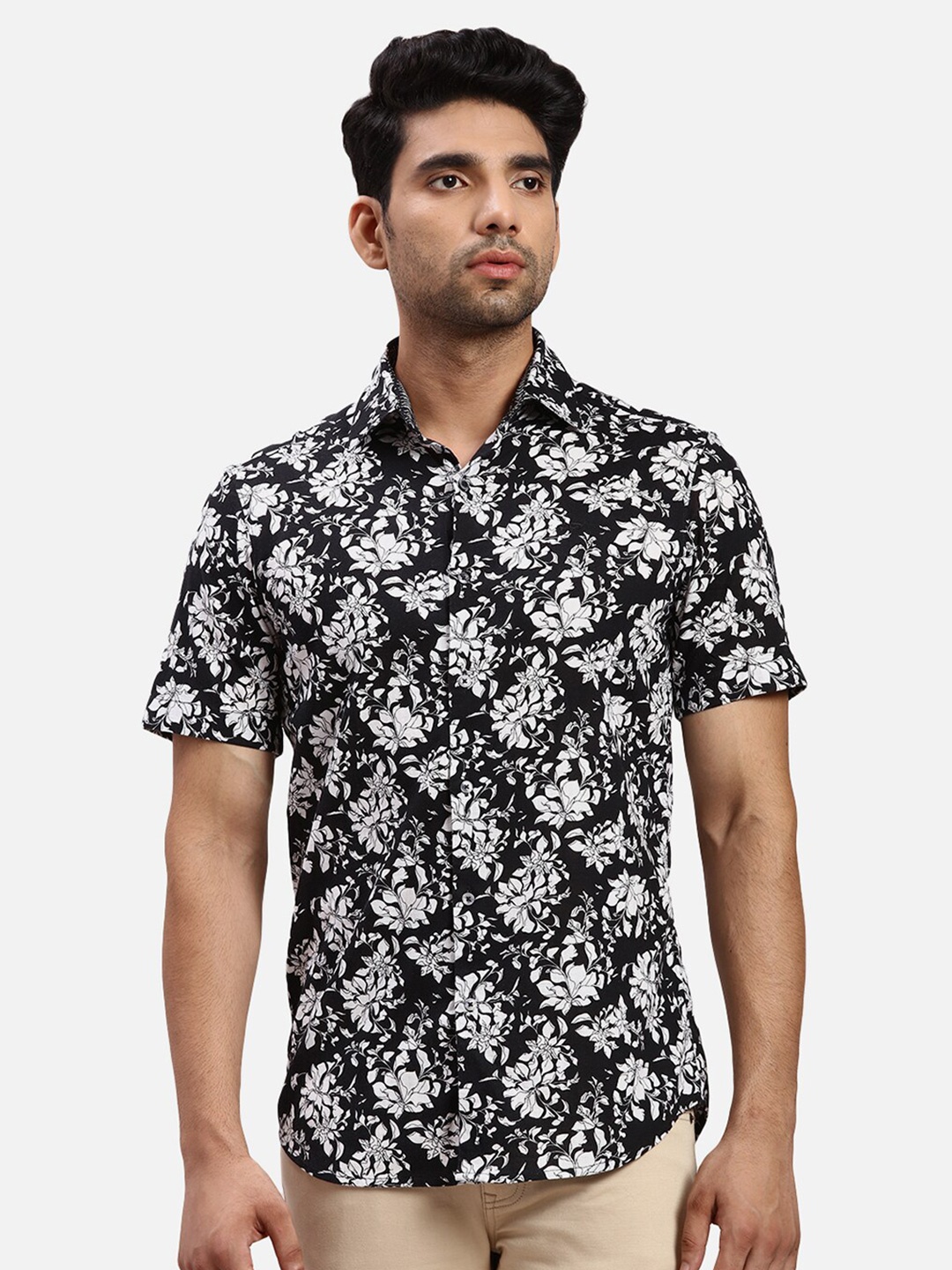 

ColorPlus Floral Printed Cotton Spread Collar Curved Casual Shirt, Black