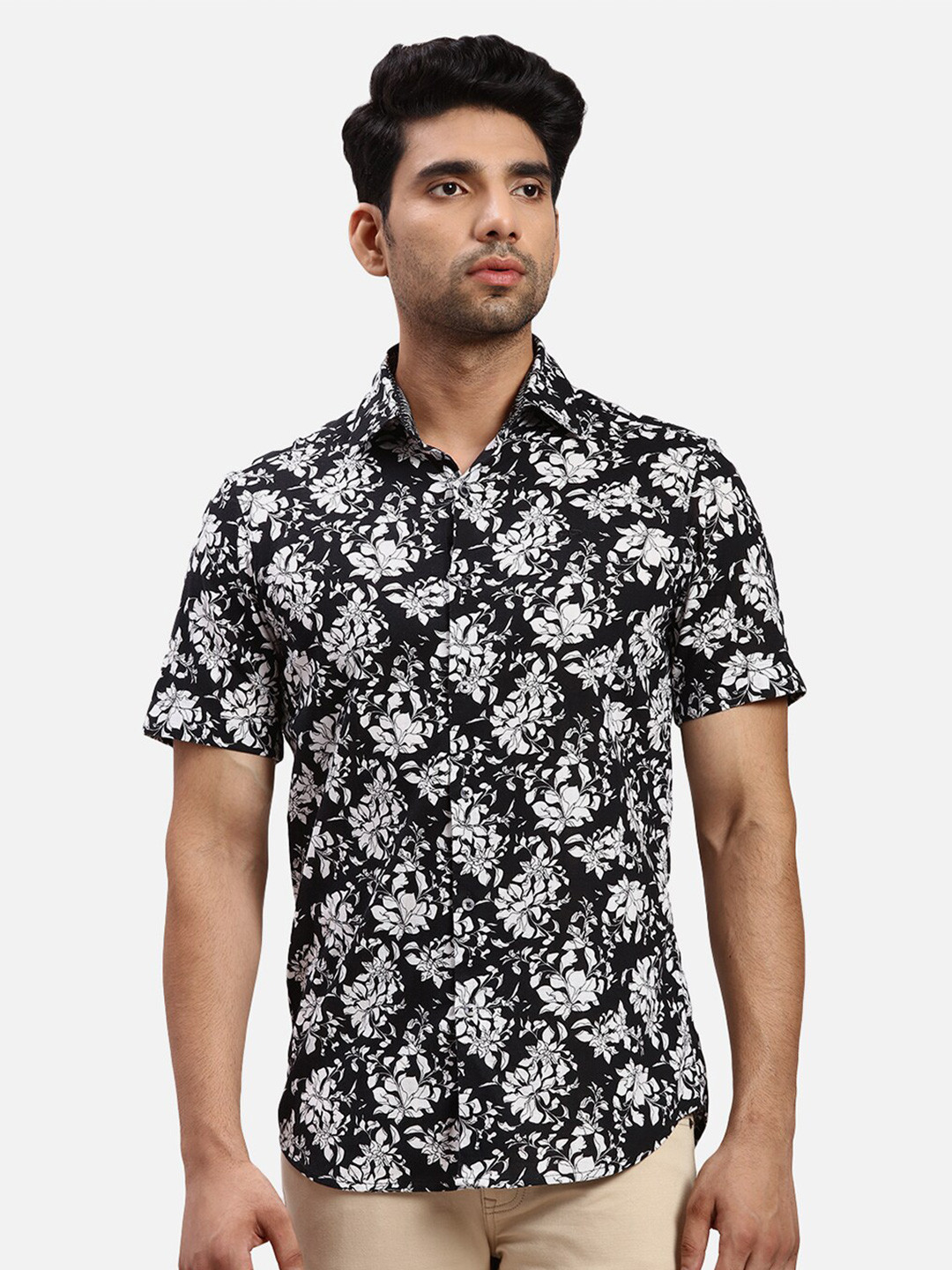 

ColorPlus Floral Printed Spread Collar Cotton Casual Shirt, Black