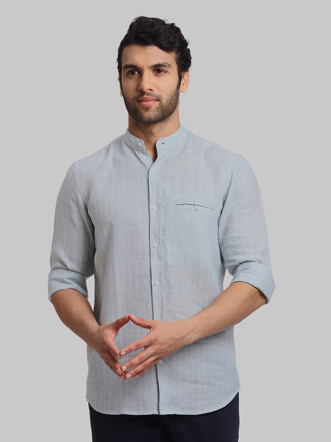ColorPlus Vertical Stripes Mandarin Collar Opaque Striped Casual Shirt, Green