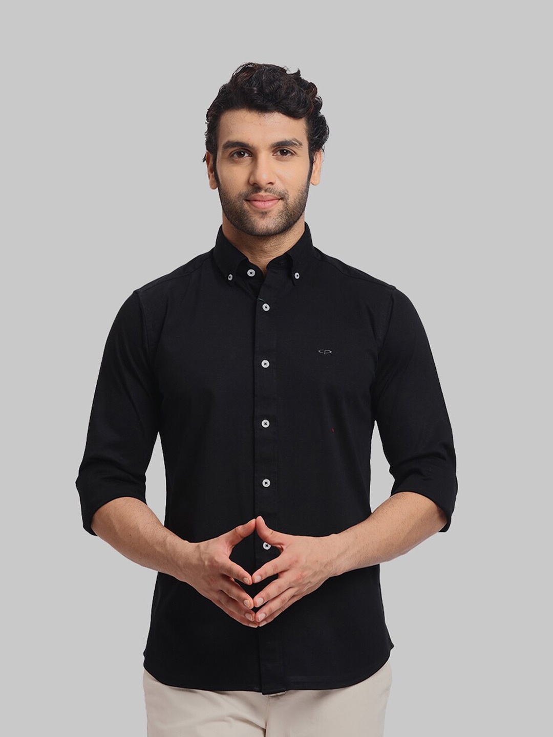 

ColorPlus Spread Collar Short Sleeves Pure Cotton Casual Shirt, Black