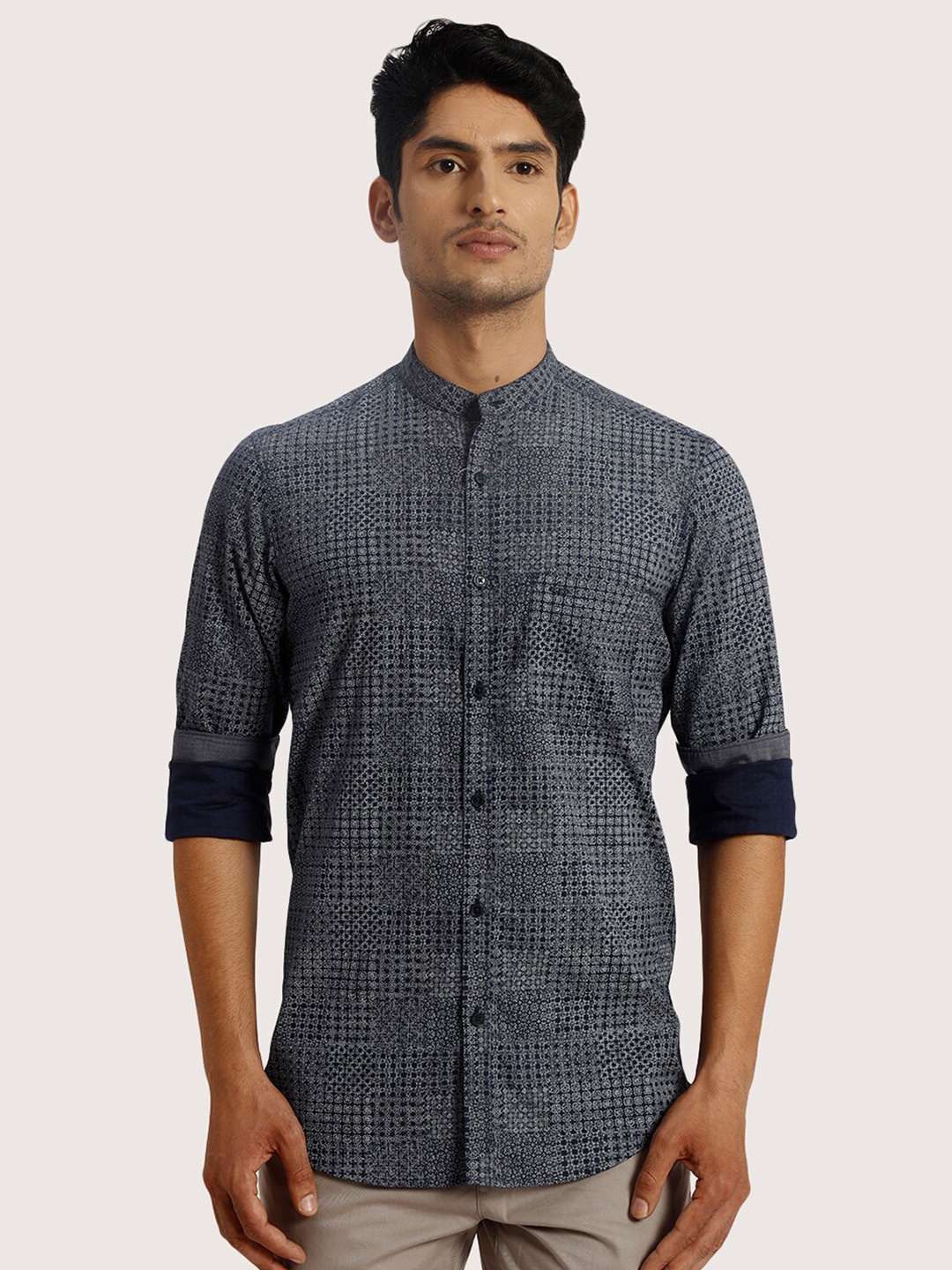 ColorPlus Abstract Printed Mandarin Collar Long Sleeves Casual Shirt, Blue