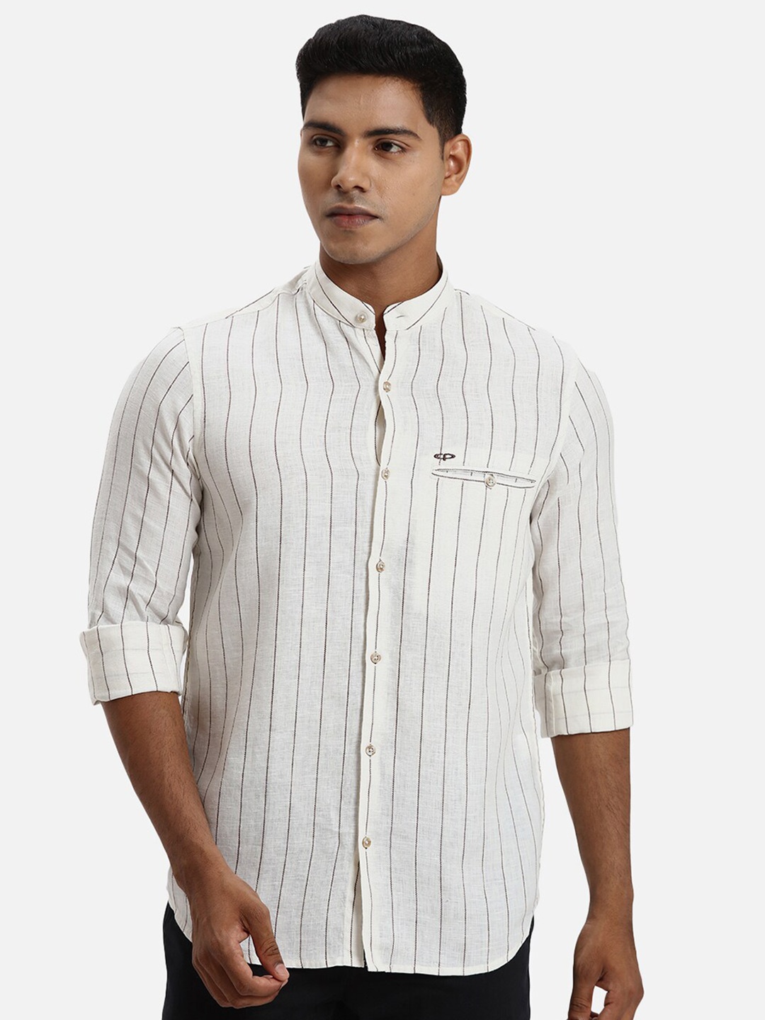 

ColorPlus Opaque Striped Mandarin Collar Casual Shirt, White