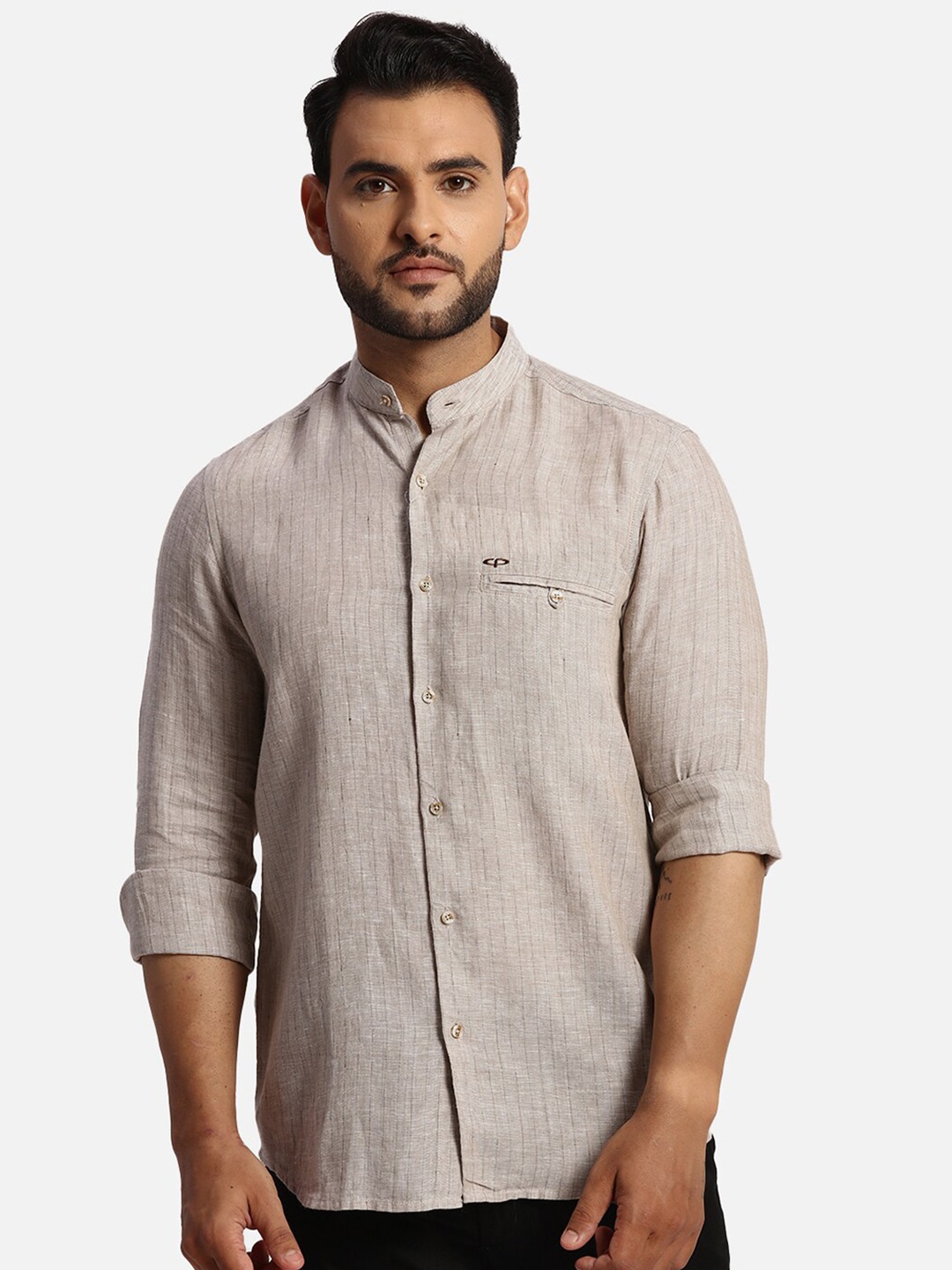 

ColorPlus Vertical Stripes Mandarin Collar Opaque Striped Casual Shirt, Beige