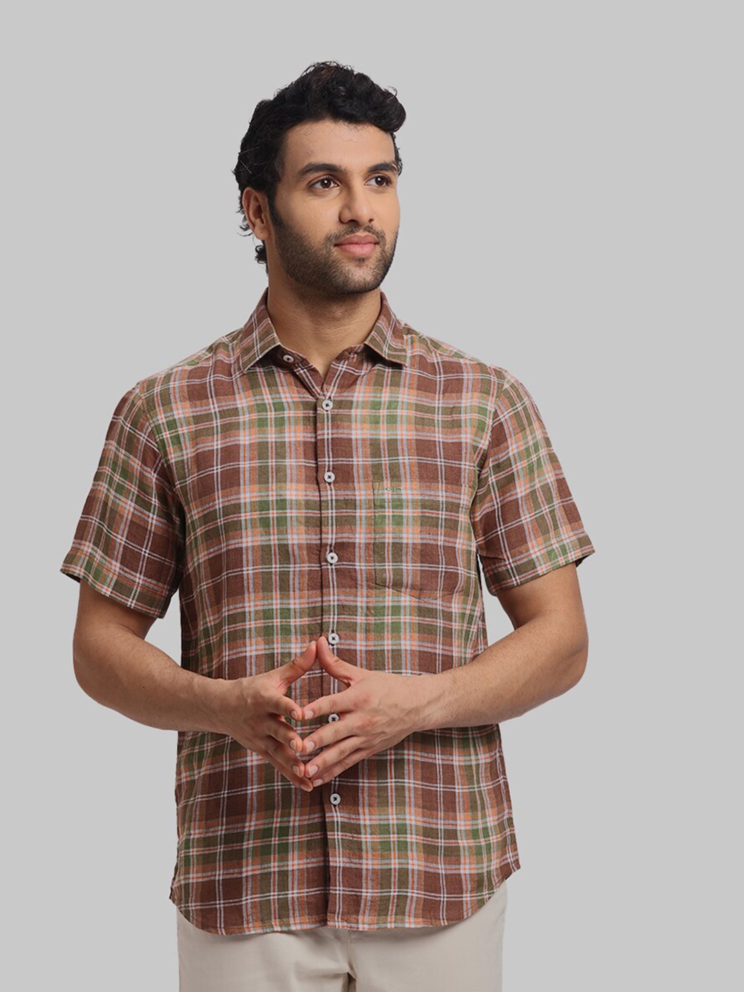 

ColorPlus Tartan Checked Spread Collar Short Linen Casual Shirt, Brown