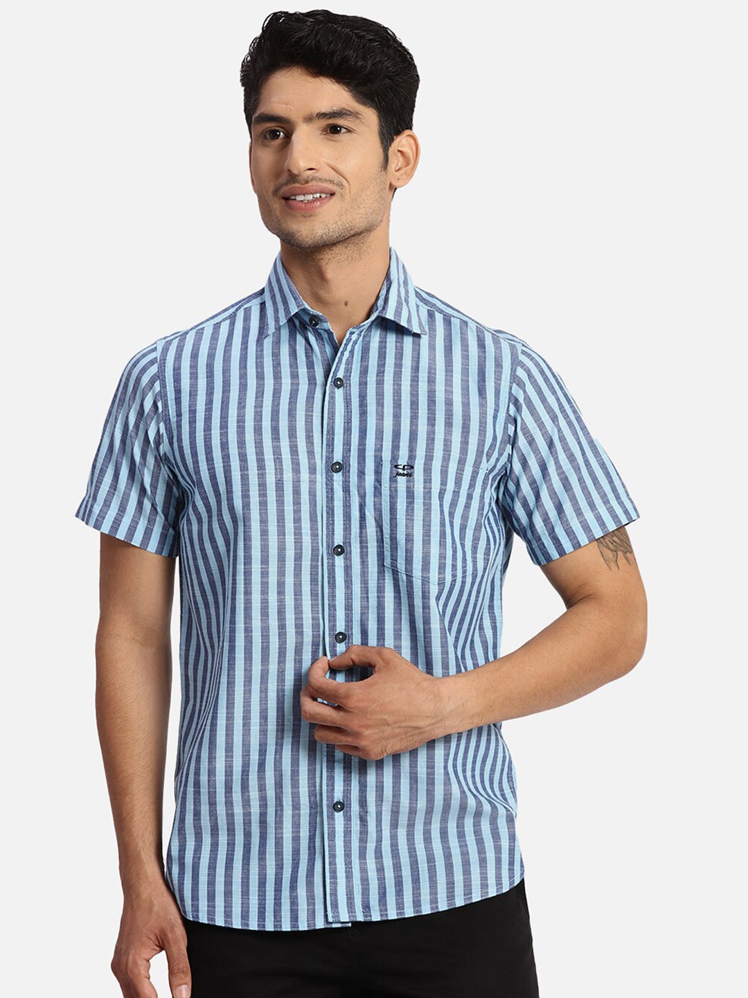 

ColorPlus Striped Spread Collar Curved Casual Shirt, Blue