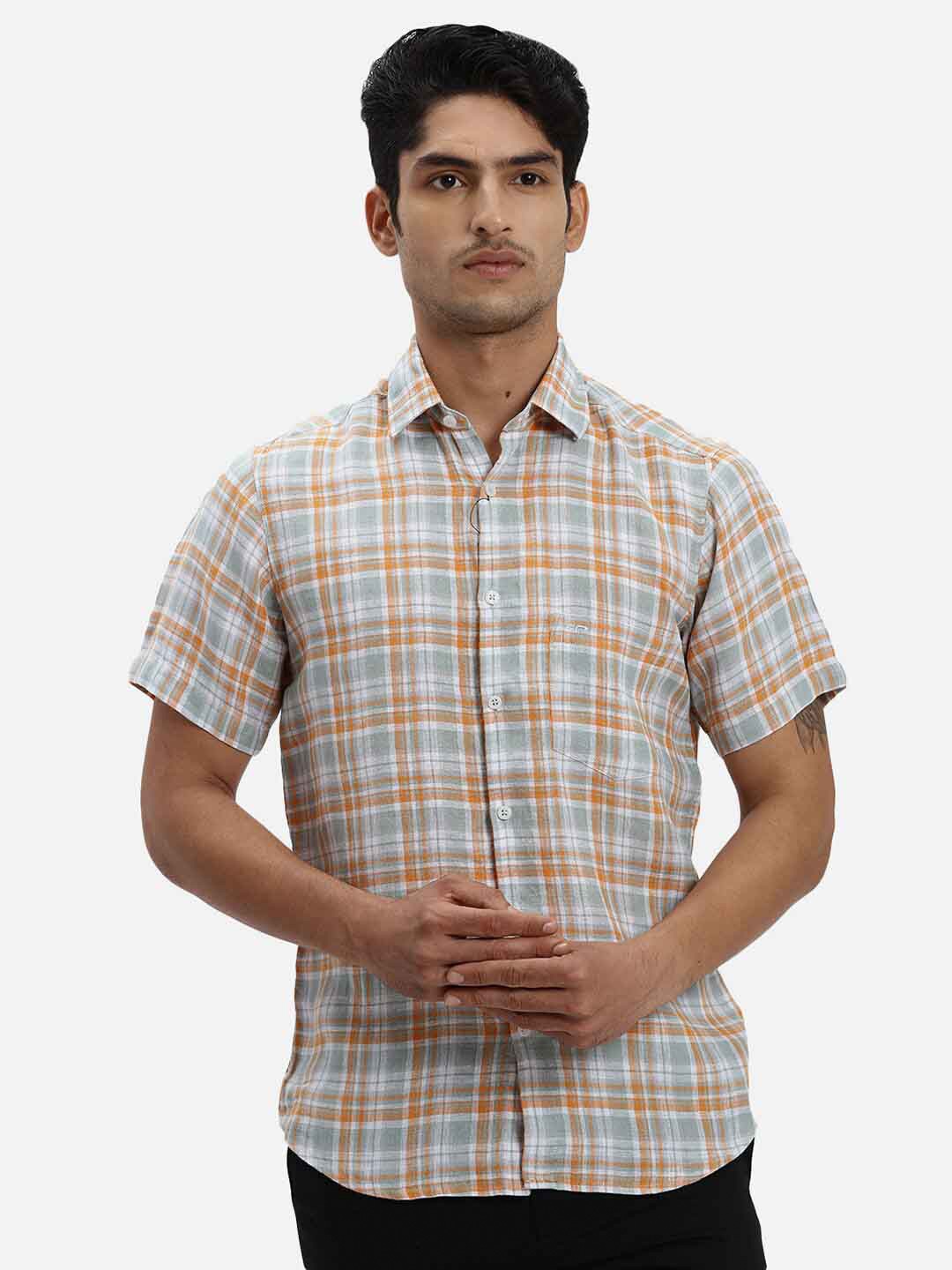 

ColorPlus Sport Slim Fit Checked Spread Collar Short Sleeves Cotton Casual Shirt, Orange