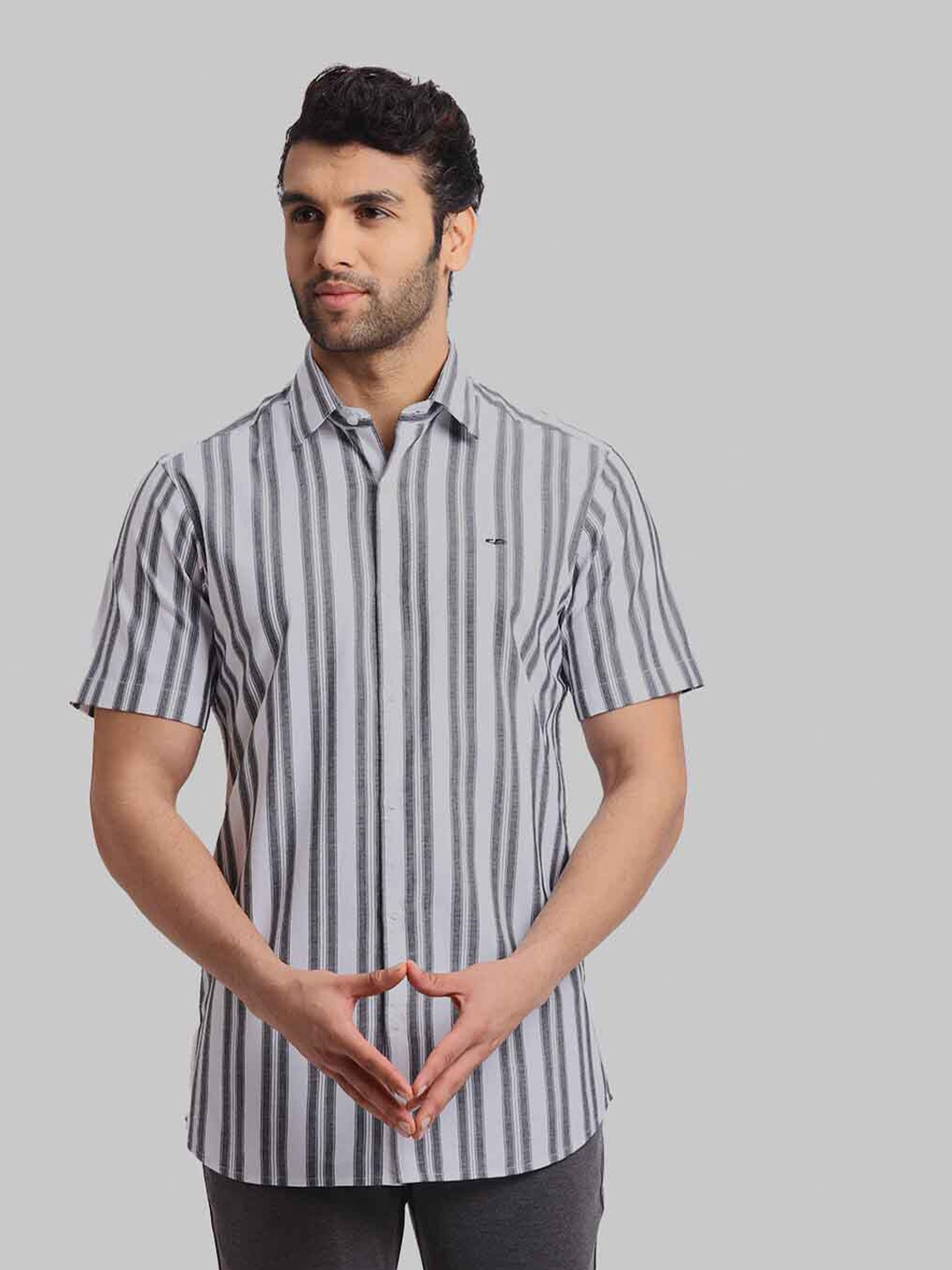

ColorPlus Striped Spread Collar Short Sleeves Cotton Casual Shirt, White