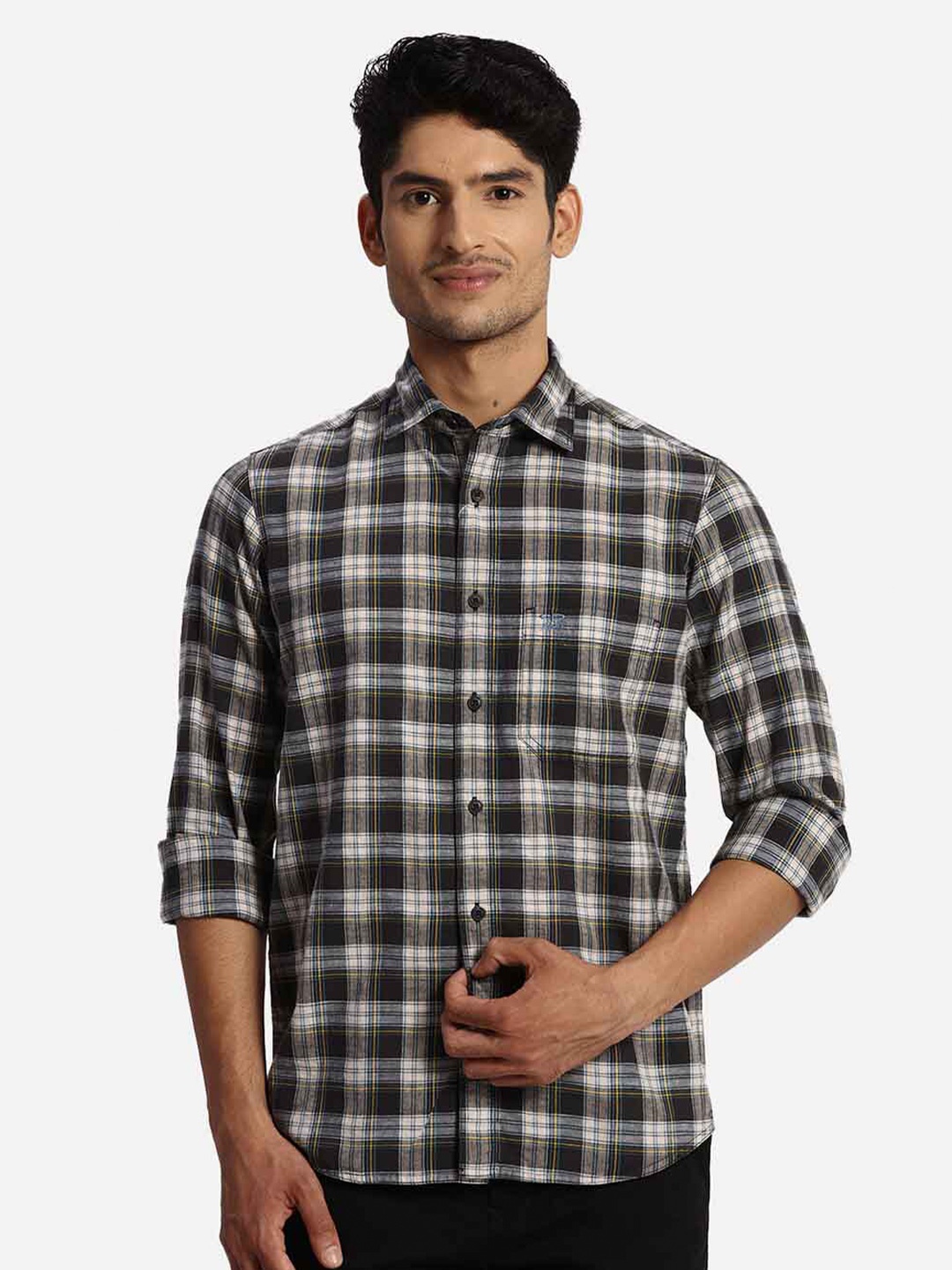 

ColorPlus Tartan Checks Cotton Spread Collar Opaque Checked Casual Shirt, Grey