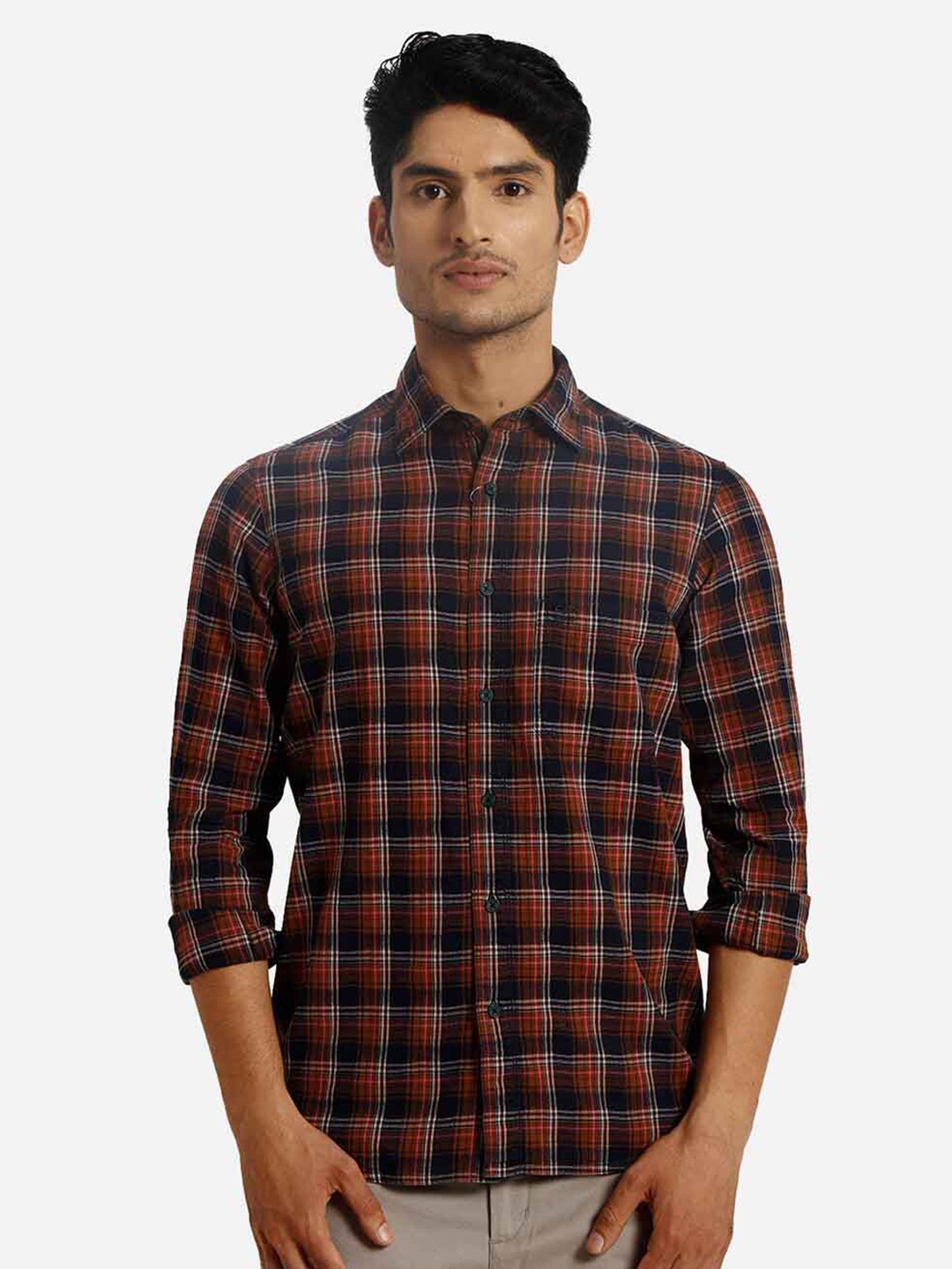 

ColorPlus Checked Spread Collar Cotton Casual Shirt, Brown