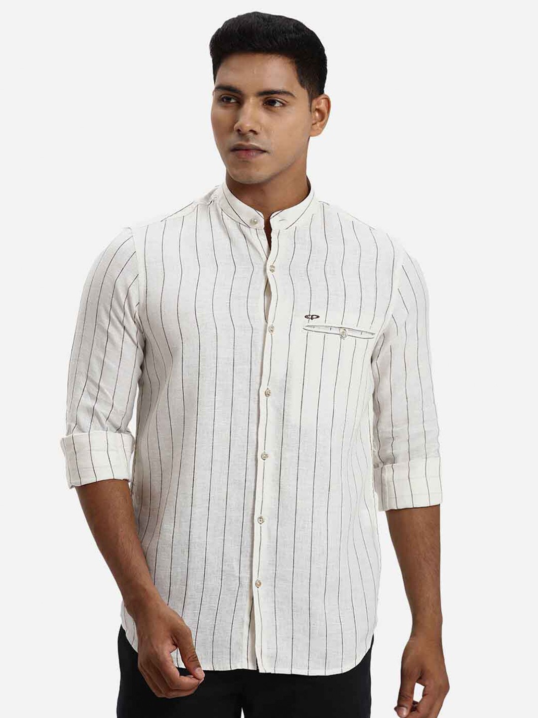 

ColorPlus Vertical Stripes Mandarin Collar Linen Casual Shirt, White