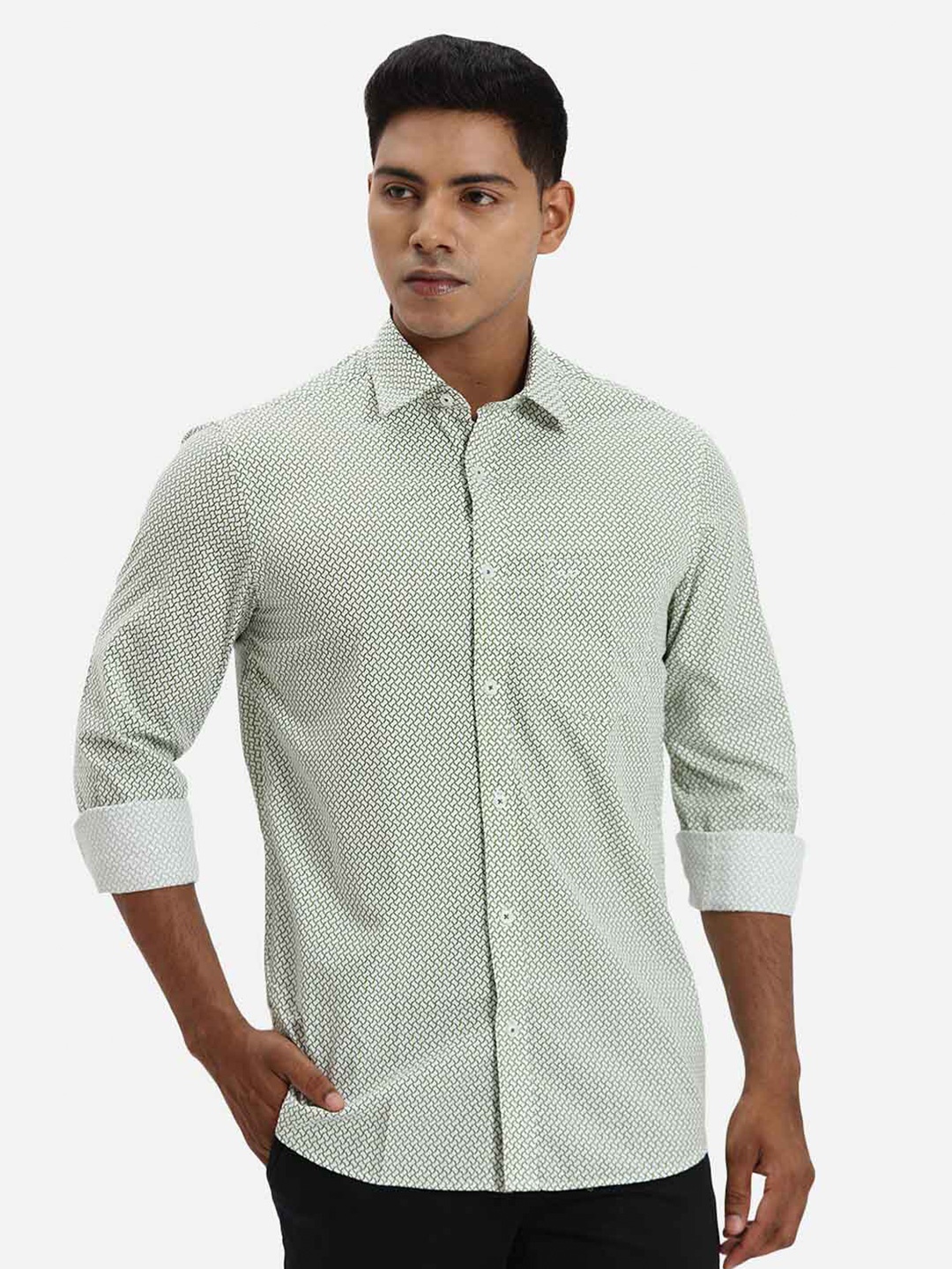 

ColorPlus Micro Ditsy Printed Spread Collar Cotton Casual Shirt, Green