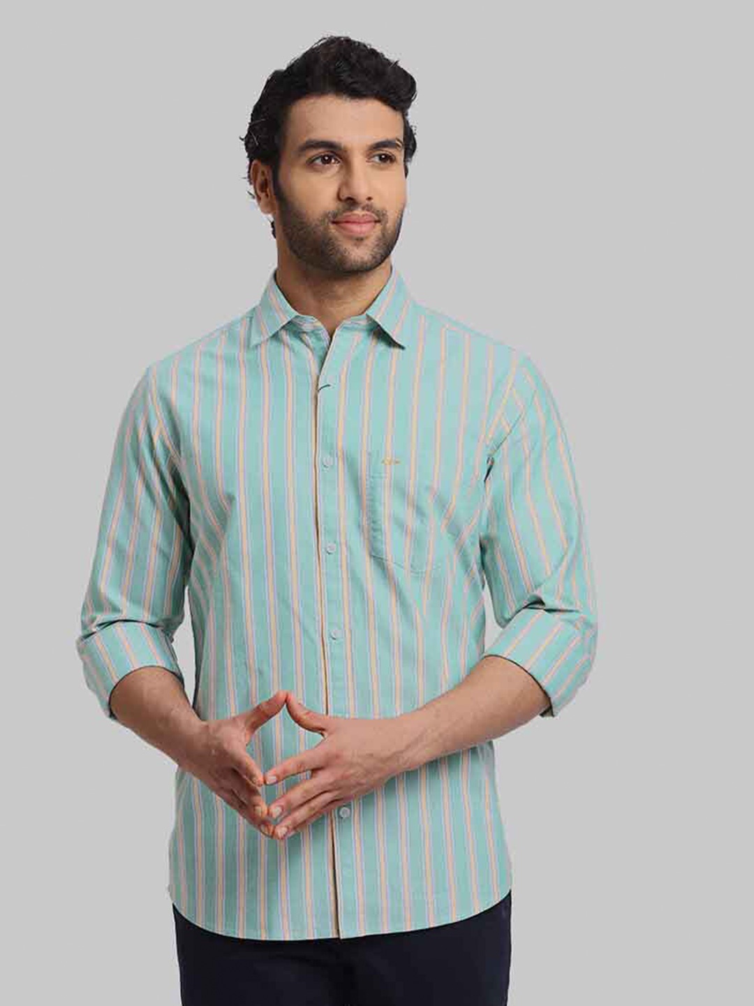 

ColorPlus Striped Spread Collar Long sleeves Cotton Casual Shirt, Green