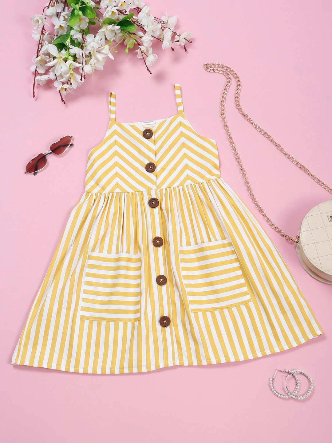 

SAKA DESIGNS Striped Shoulder Straps Cotton A-Line Dress, Yellow