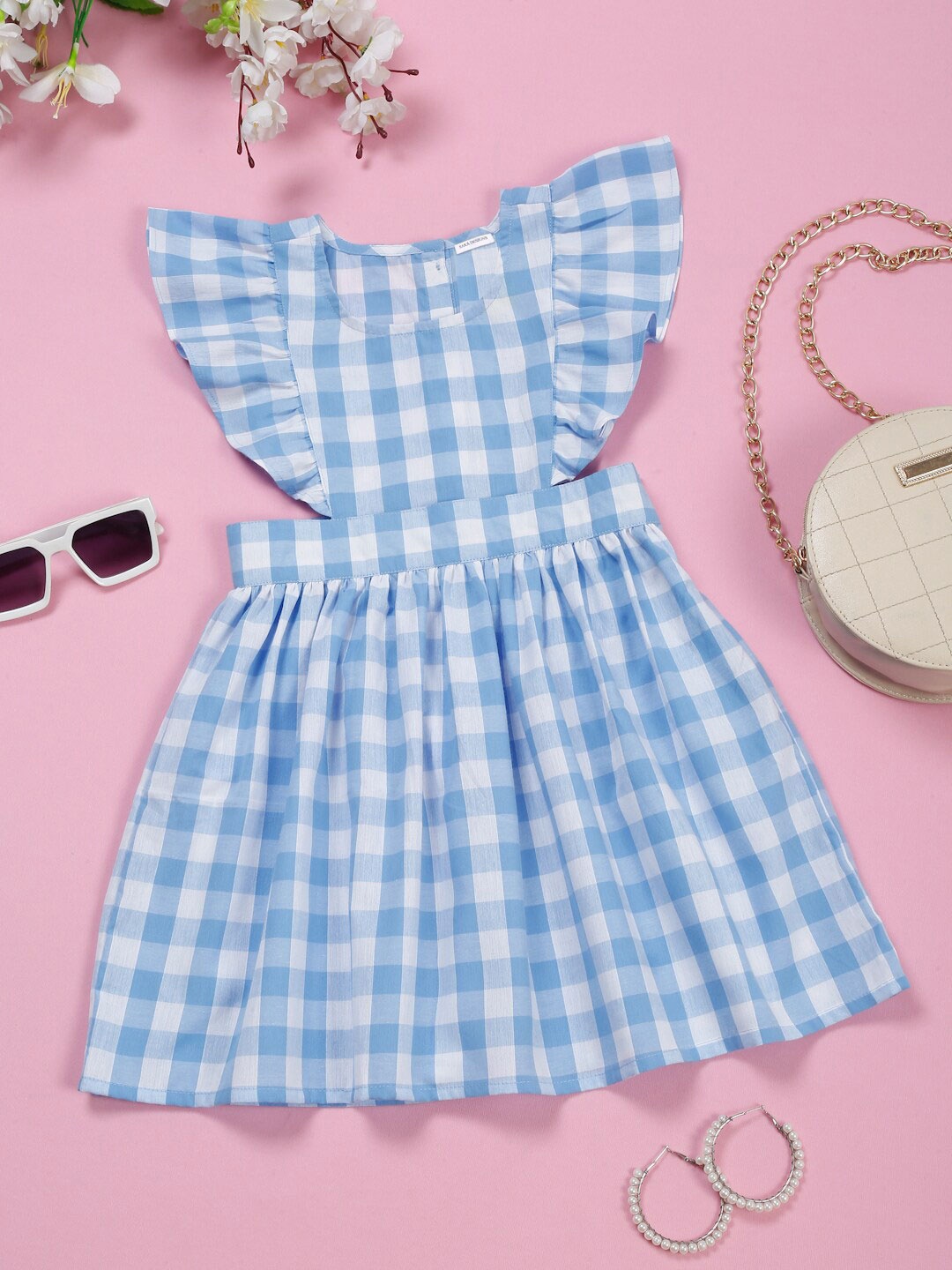 

SAKA DESIGNS Checked Round Neck Flutter Sleeves Cotton Fit & Flare Dress, Blue