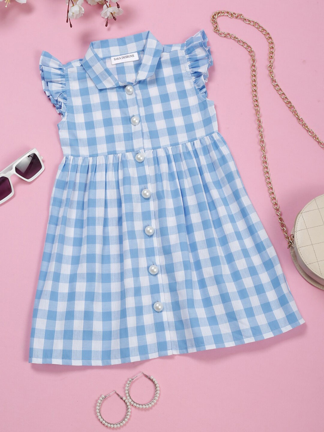 

SAKA DESIGNS Checked Shirt Collar Sleeveless Cotton Fit & Flare Dress, Blue
