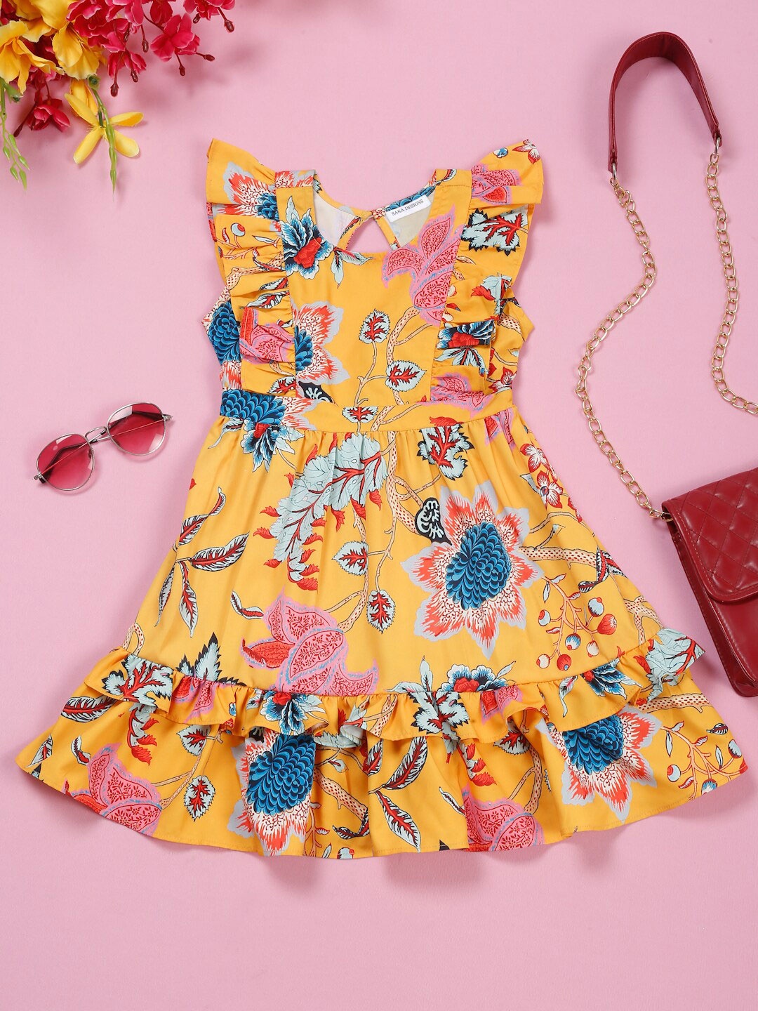 

SAKA DESIGNS Floral Printed Round Neck Flutter Sleeve Fit & Flare Dress, Mustard