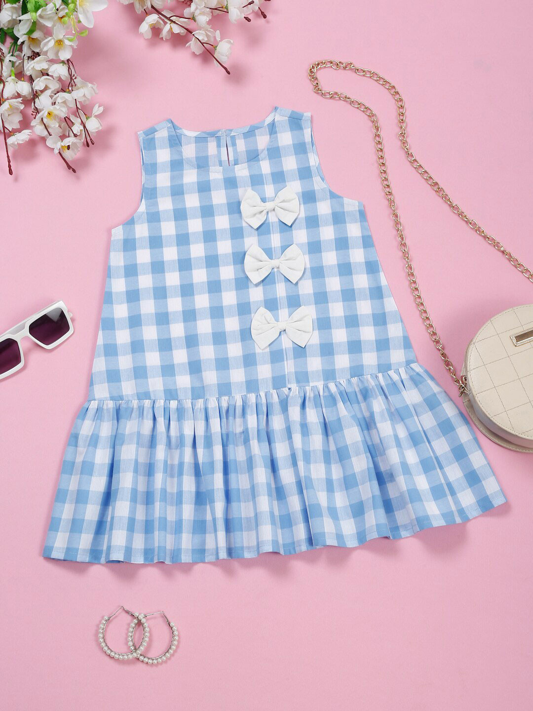 

SAKA DESIGNS Checked Round Neck Cotton Drop-Waist Dress, Blue