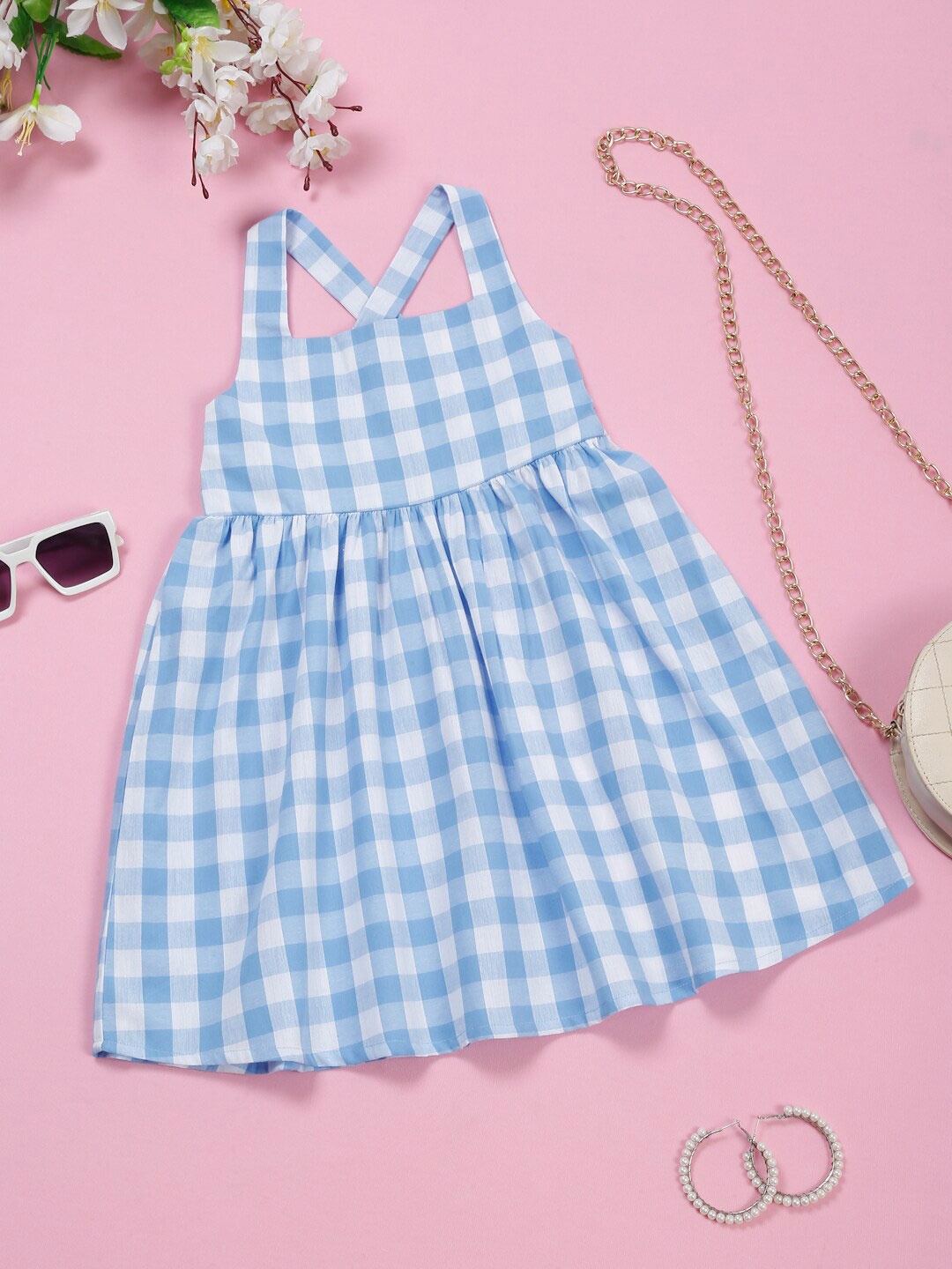 

SAKA DESIGNS Checked Shoulder Straps Cotton Fit & Flare Dress, Blue