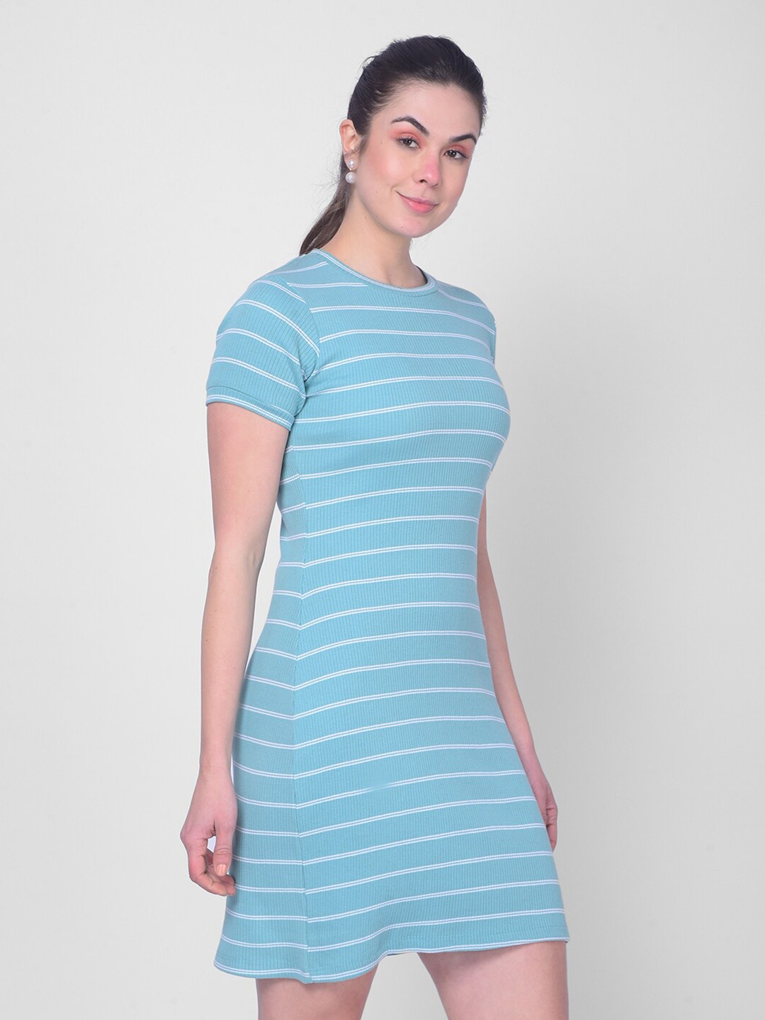 

Crimsoune Club Striped Round Neck Above Knee Cotton Bodycon Dress, Blue