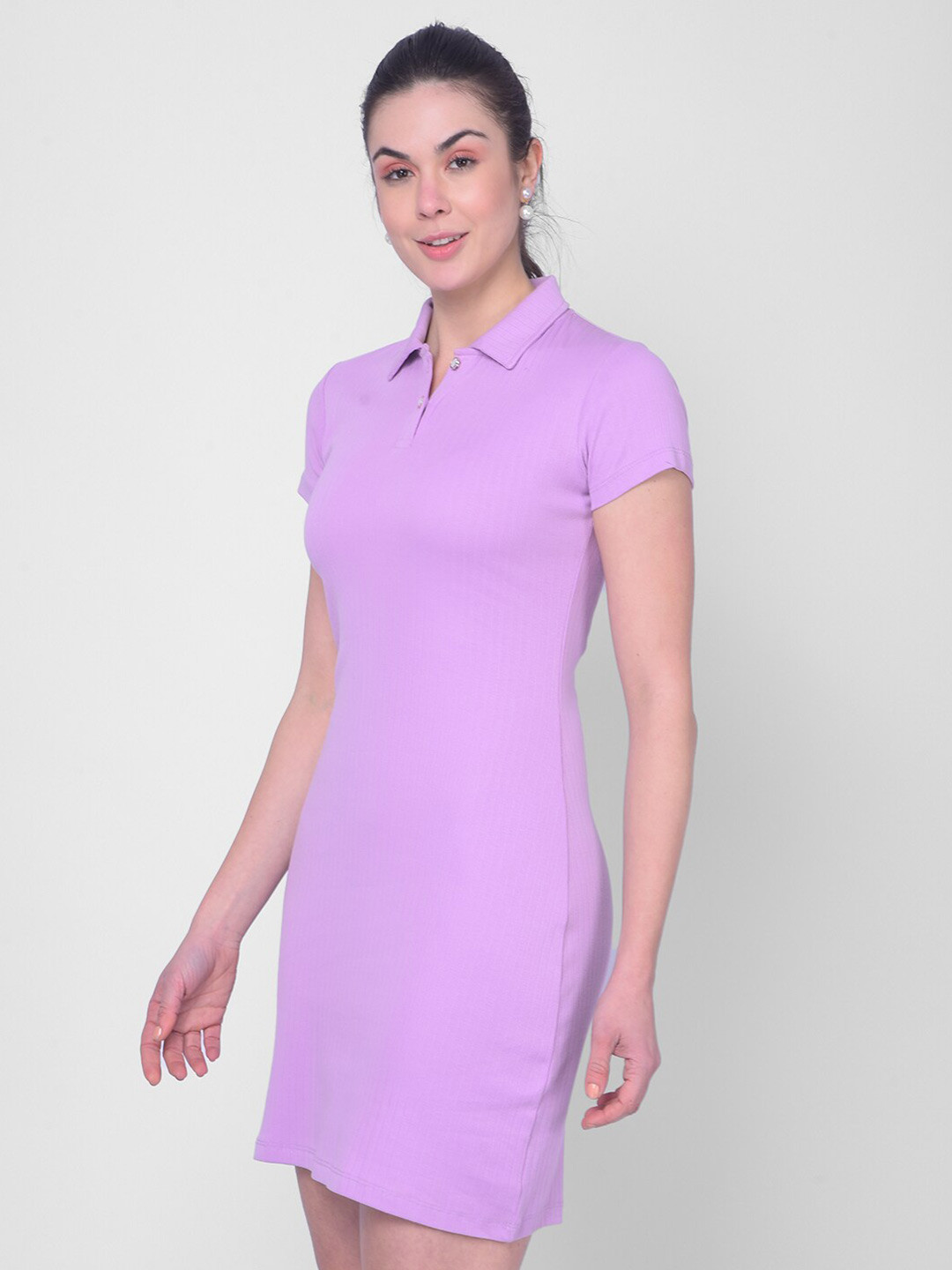 

Crimsoune Club Shirt Collar Above Knee Cotton Opaque Bodycon Casual Dress, Purple