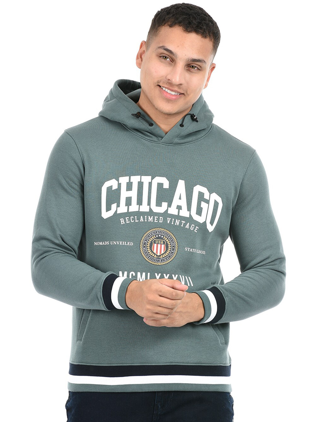 

EXCEED Men Typography Printed Hooded Cotton Fleece Sweatshirt, Green