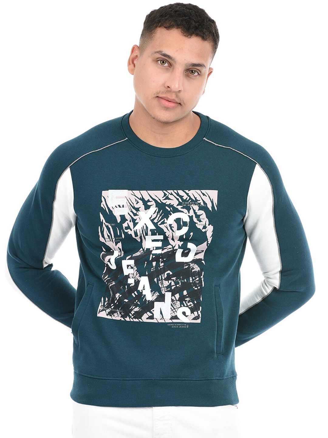 

EXCEED Men Graphic Printed Hooded Cotton Fleece Sweatshirt, Blue