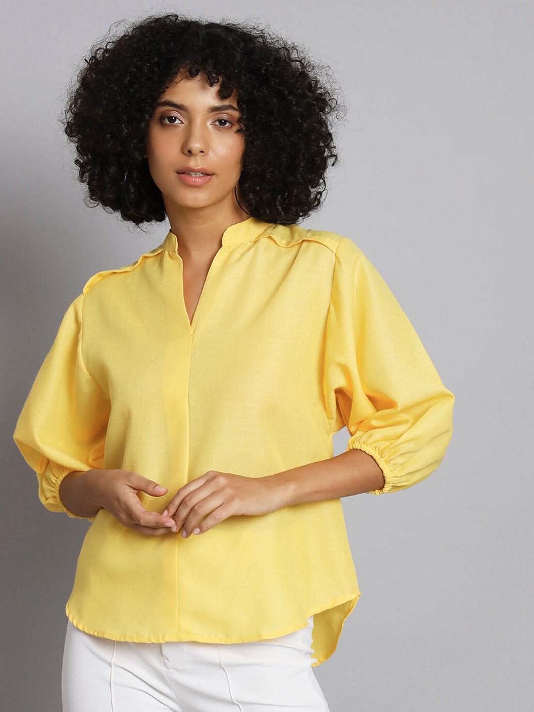 

Chemistry Mandarin Collar Puff Sleeve Cotton Shirt Style Top, Yellow