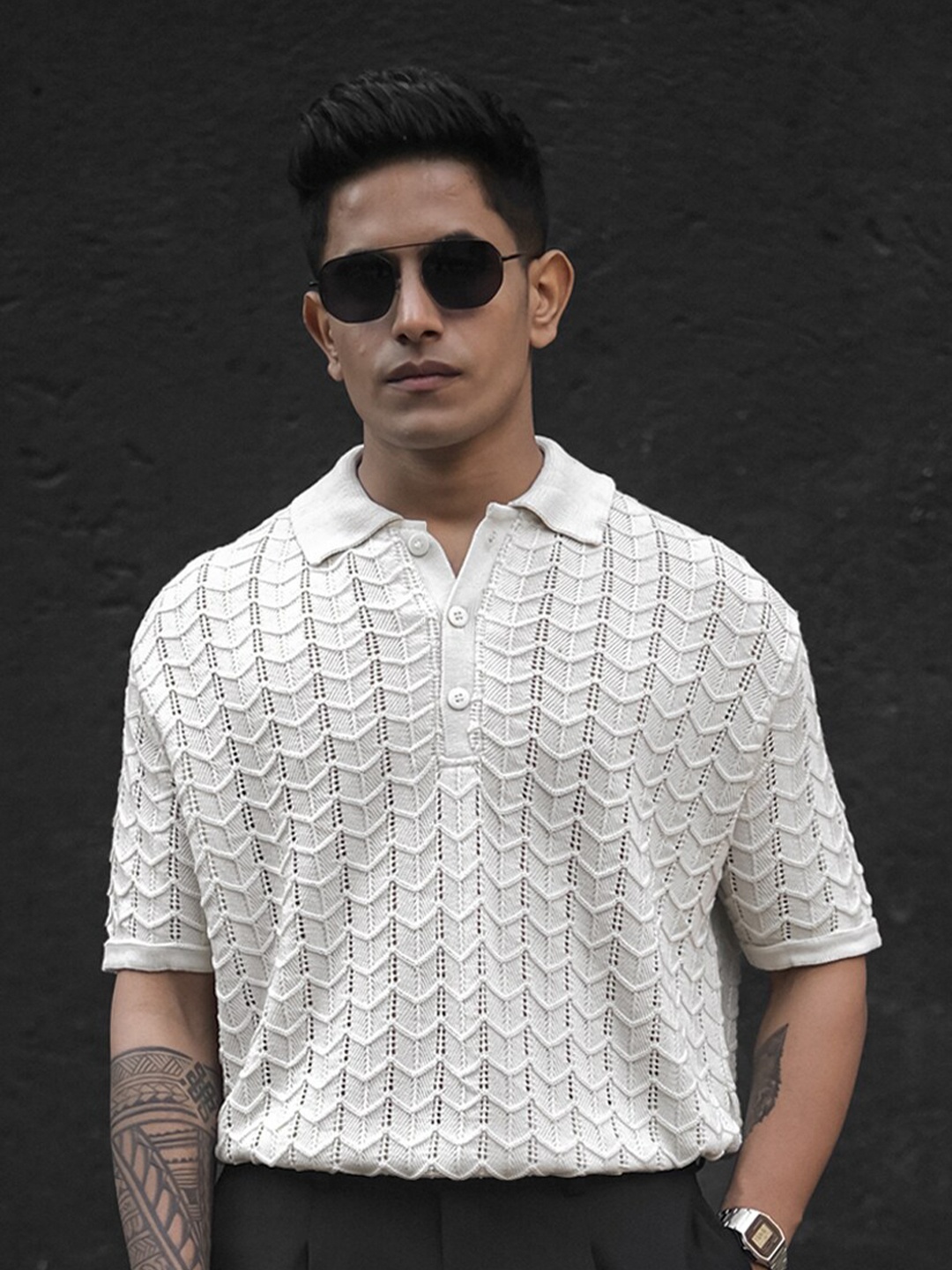 

Powerlook Crochet Polo Collar T-shirt, White